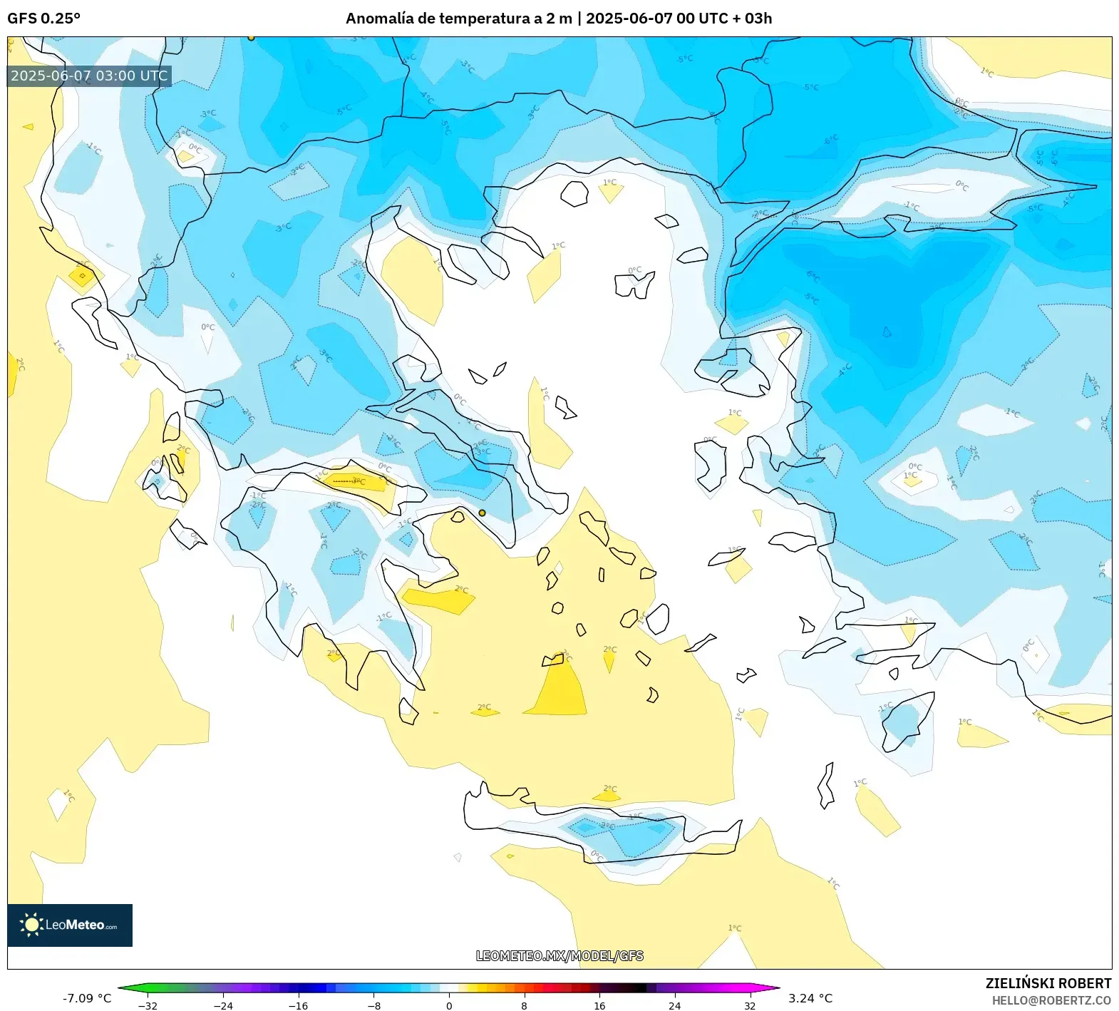 GFS model - Grecia, Anomalía de temperatura a 2 m GFS model - Grecia, Anomalía de temperatura a 2 m