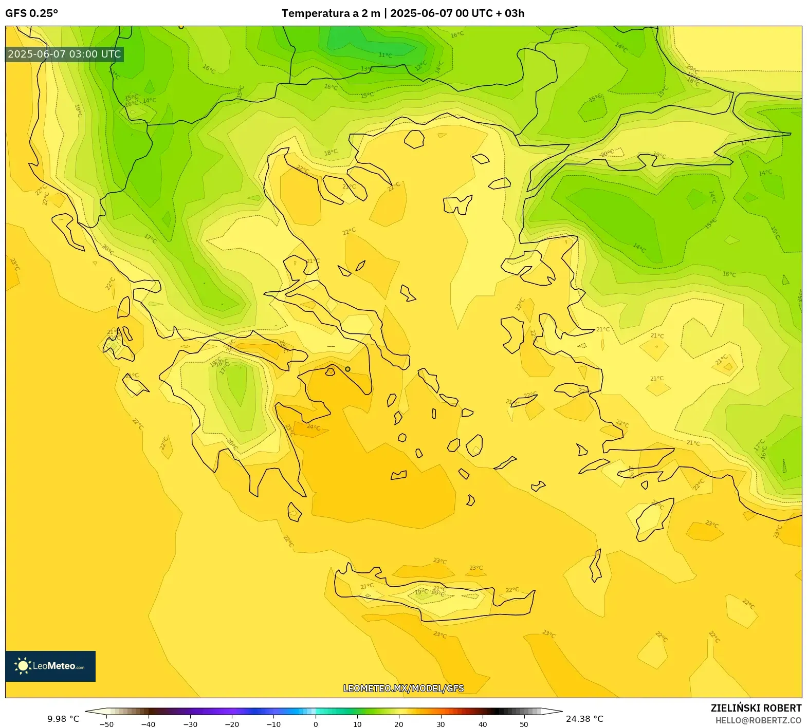 GFS model - Grecia, Temperatura a 2 m GFS model - Grecia, Temperatura a 2 m