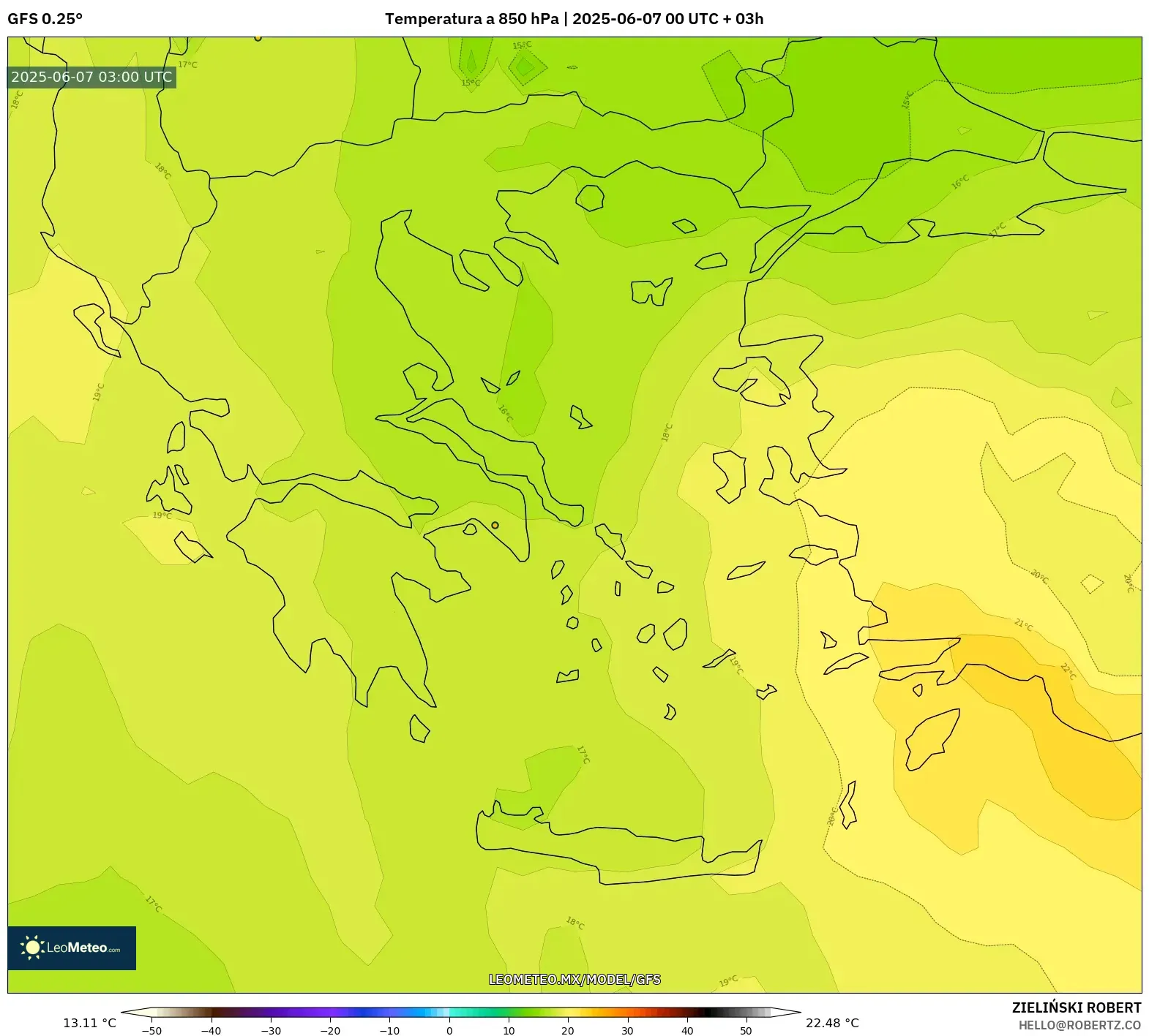 GFS model - Grecia, Temperatura a 850 hPa