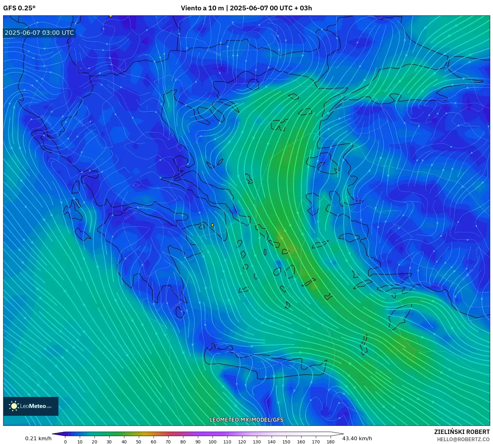 GFS model - Grecia, Viento a 10 m GFS model - Grecia, Viento a 10 m