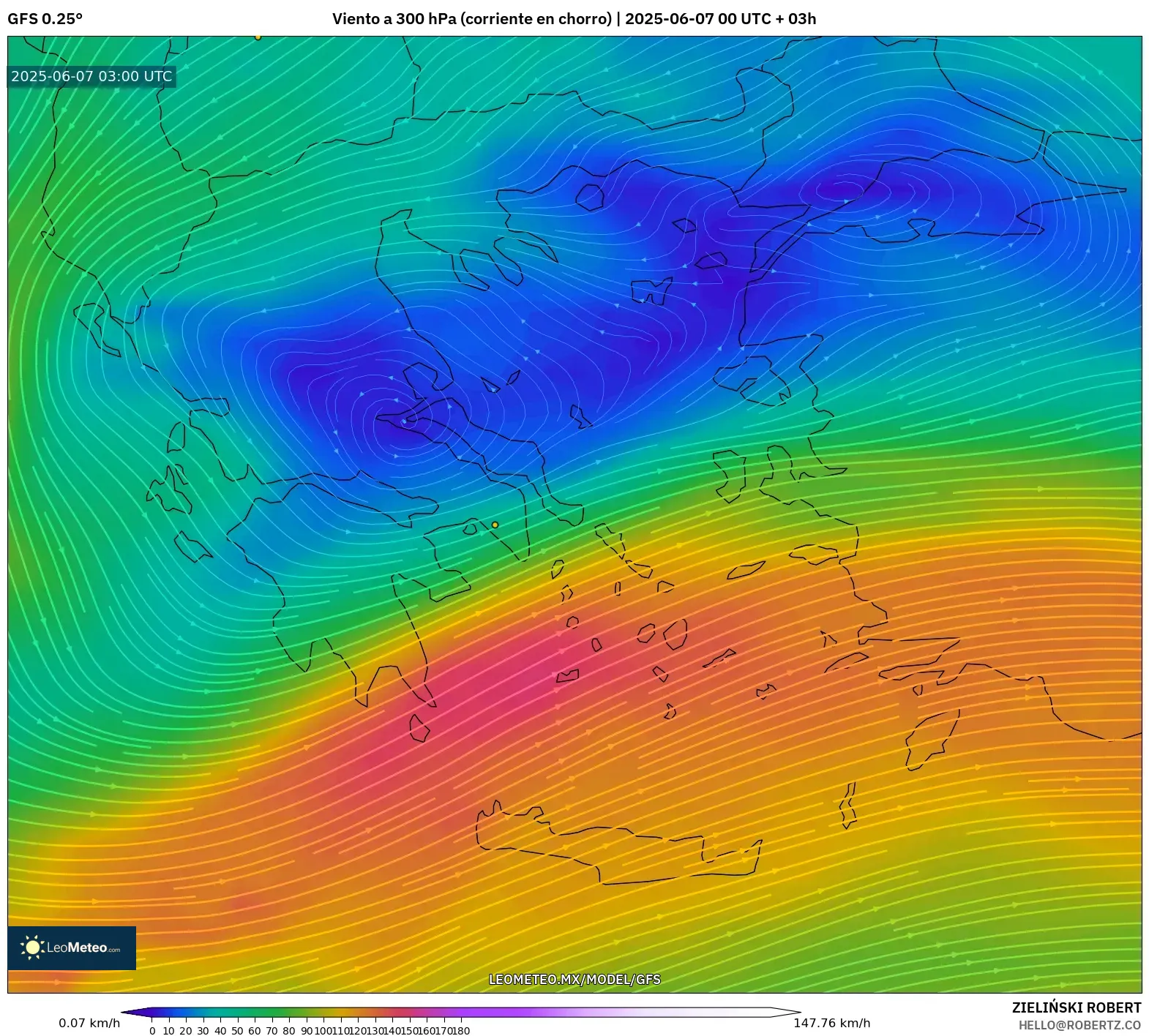 GFS model - Grecia, Viento a 300 hPa (corriente en chorro) GFS model - Grecia, Viento a 300 hPa (corriente en chorro)