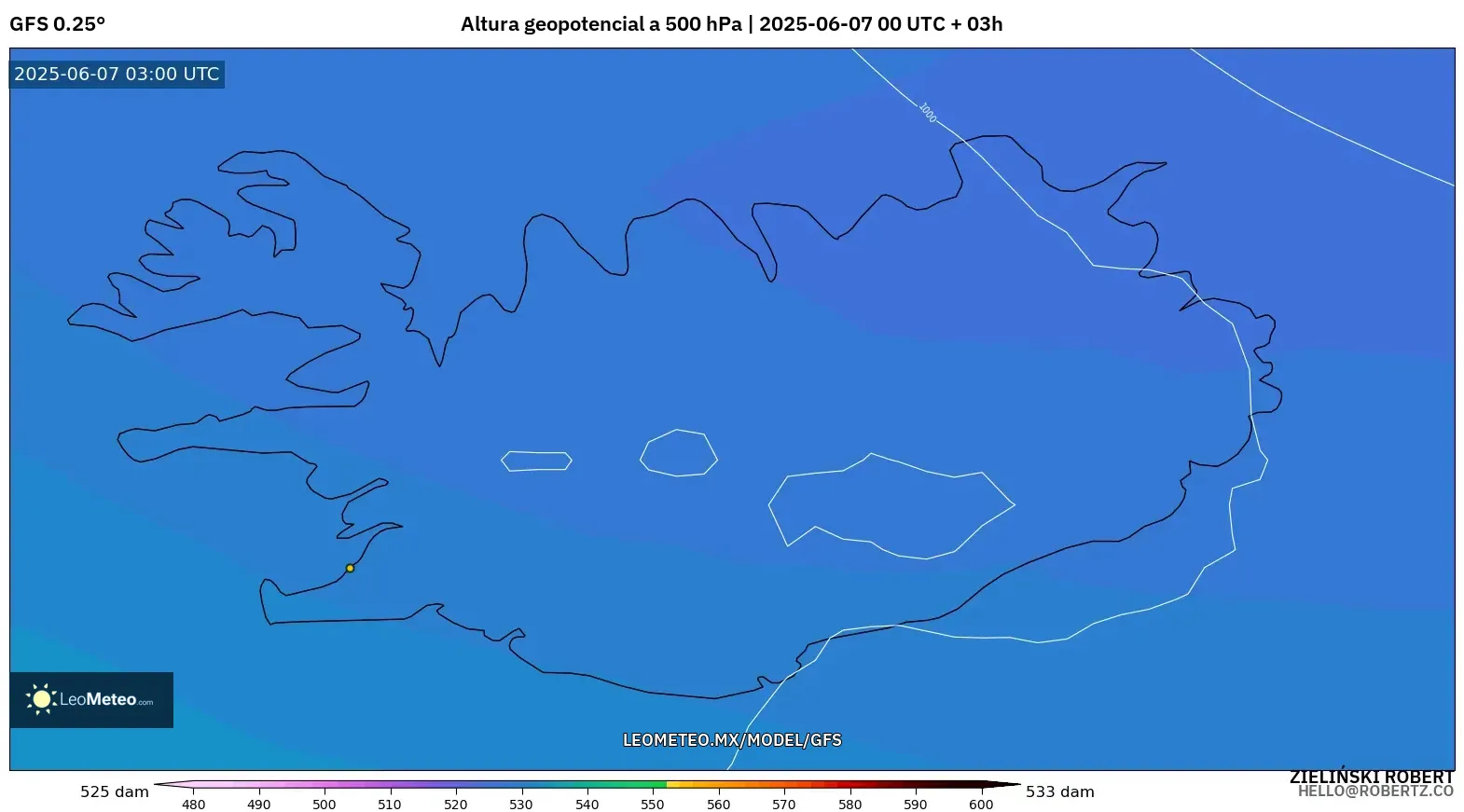 GFS model - Islandia, Altura geopotencial a 500 hPa GFS model - Islandia, Altura geopotencial a 500 hPa