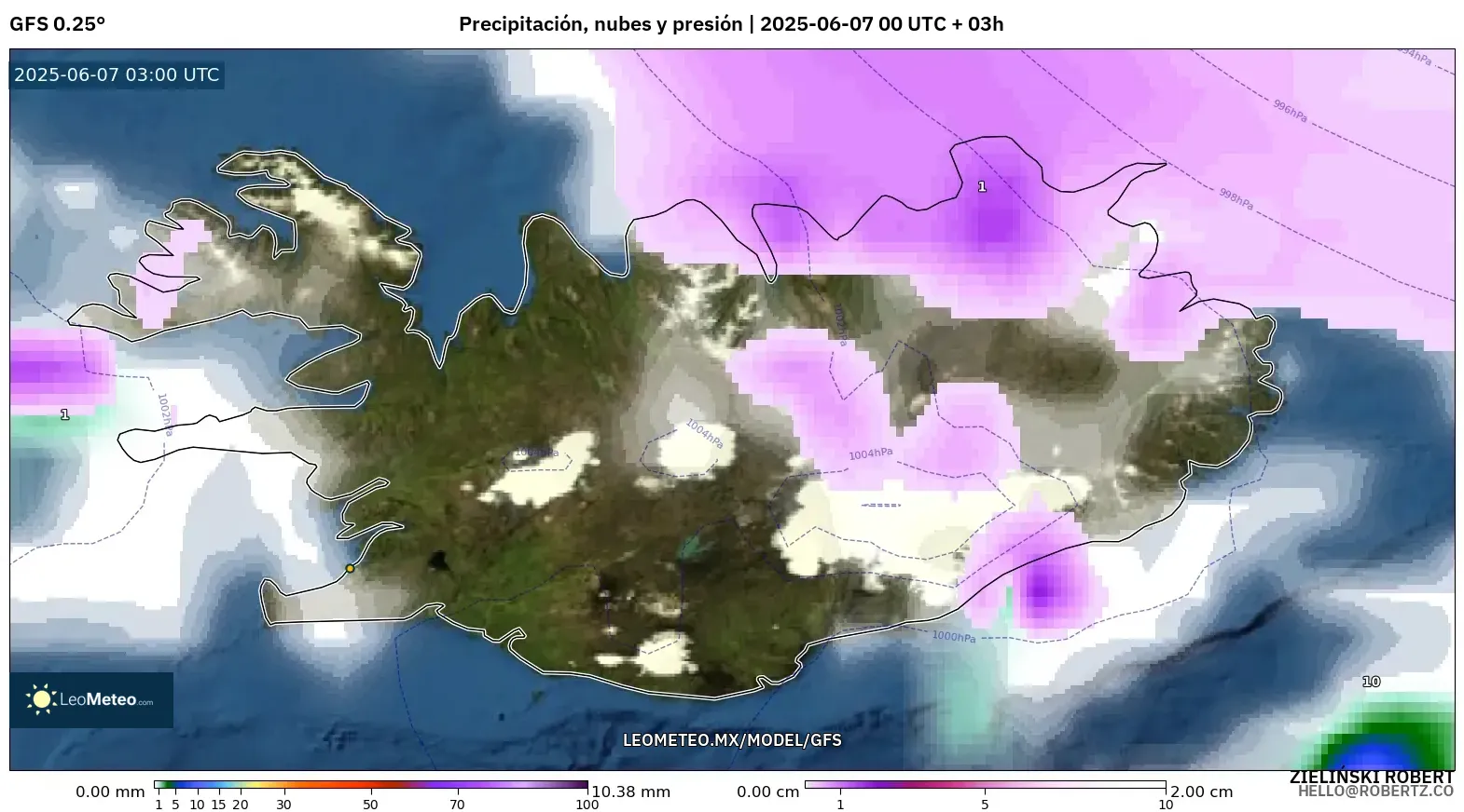 GFS model - Islandia, Precipitación, nubes y presión GFS model - Islandia, Precipitación, nubes y presión