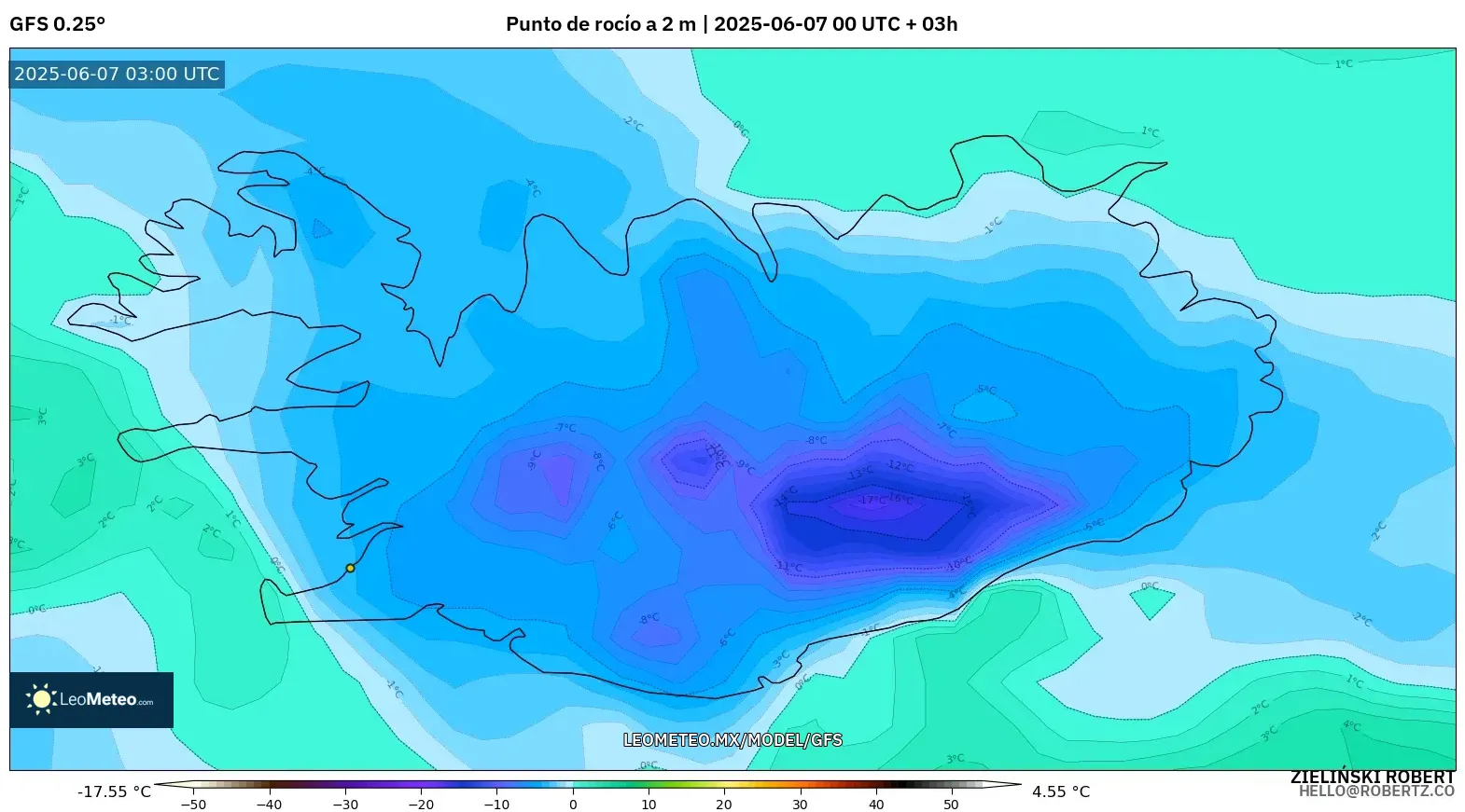 GFS model - Islandia, Punto de rocío a 2 m GFS model - Islandia, Punto de rocío a 2 m