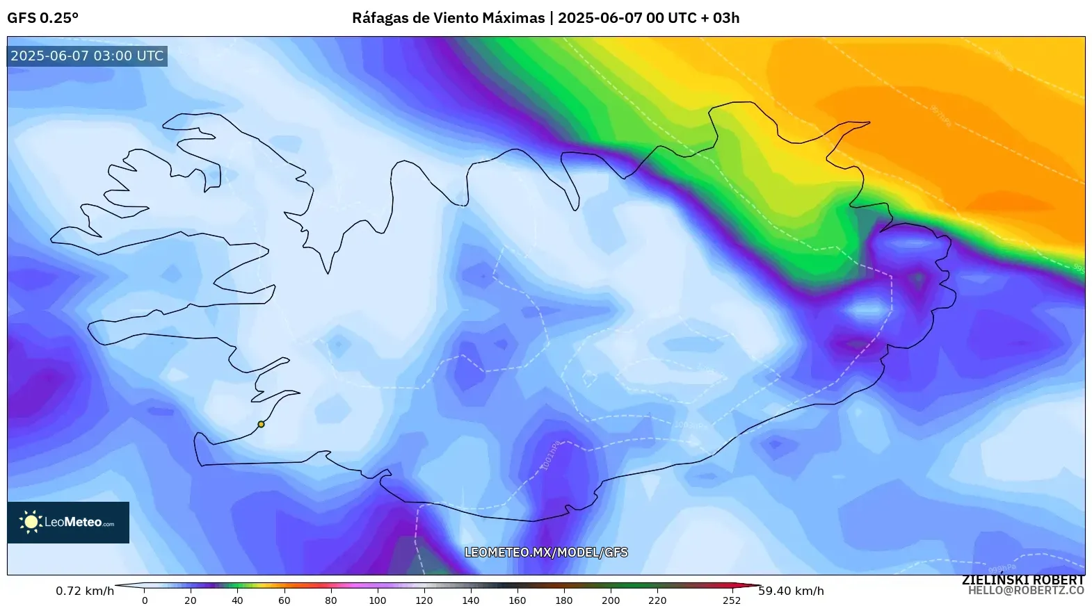 GFS model - Islandia, Ráfagas de Viento Máximas GFS model - Islandia, Ráfagas de Viento Máximas