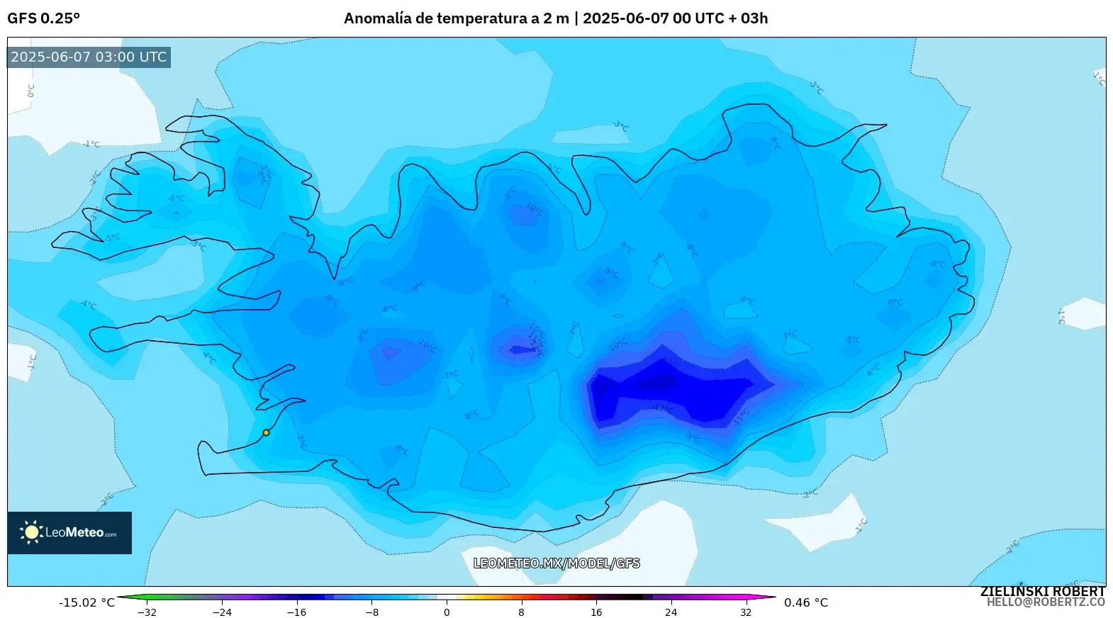 GFS model - Islandia, Anomalía de temperatura a 2 m GFS model - Islandia, Anomalía de temperatura a 2 m