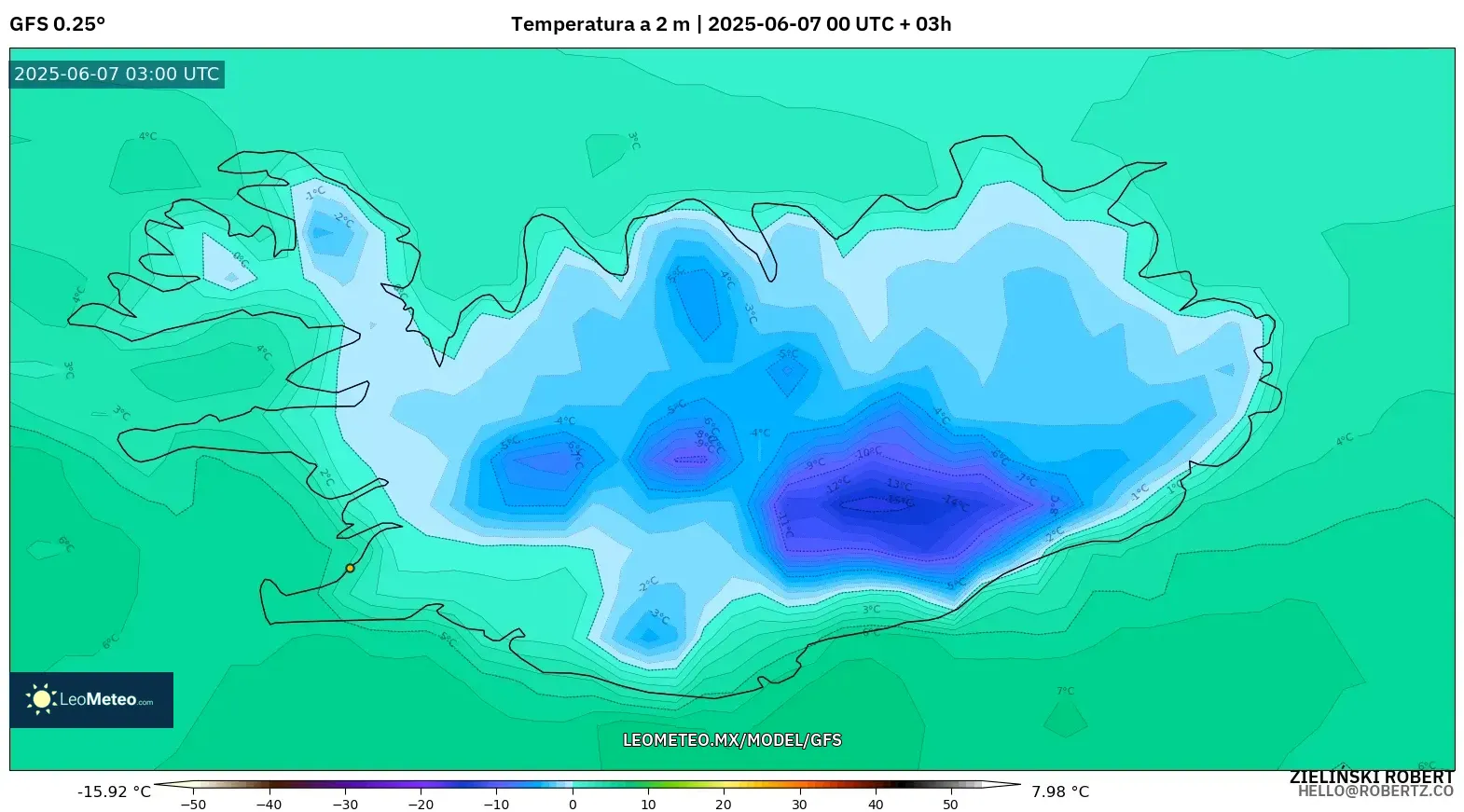 GFS model - Islandia, Temperatura a 2 m GFS model - Islandia, Temperatura a 2 m