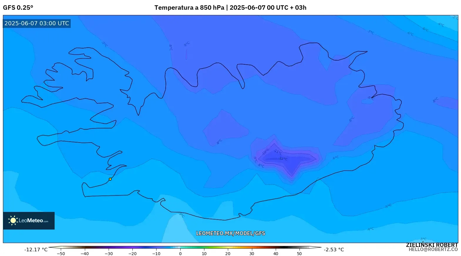 GFS model - Islandia, Temperatura a 850 hPa GFS model - Islandia, Temperatura a 850 hPa