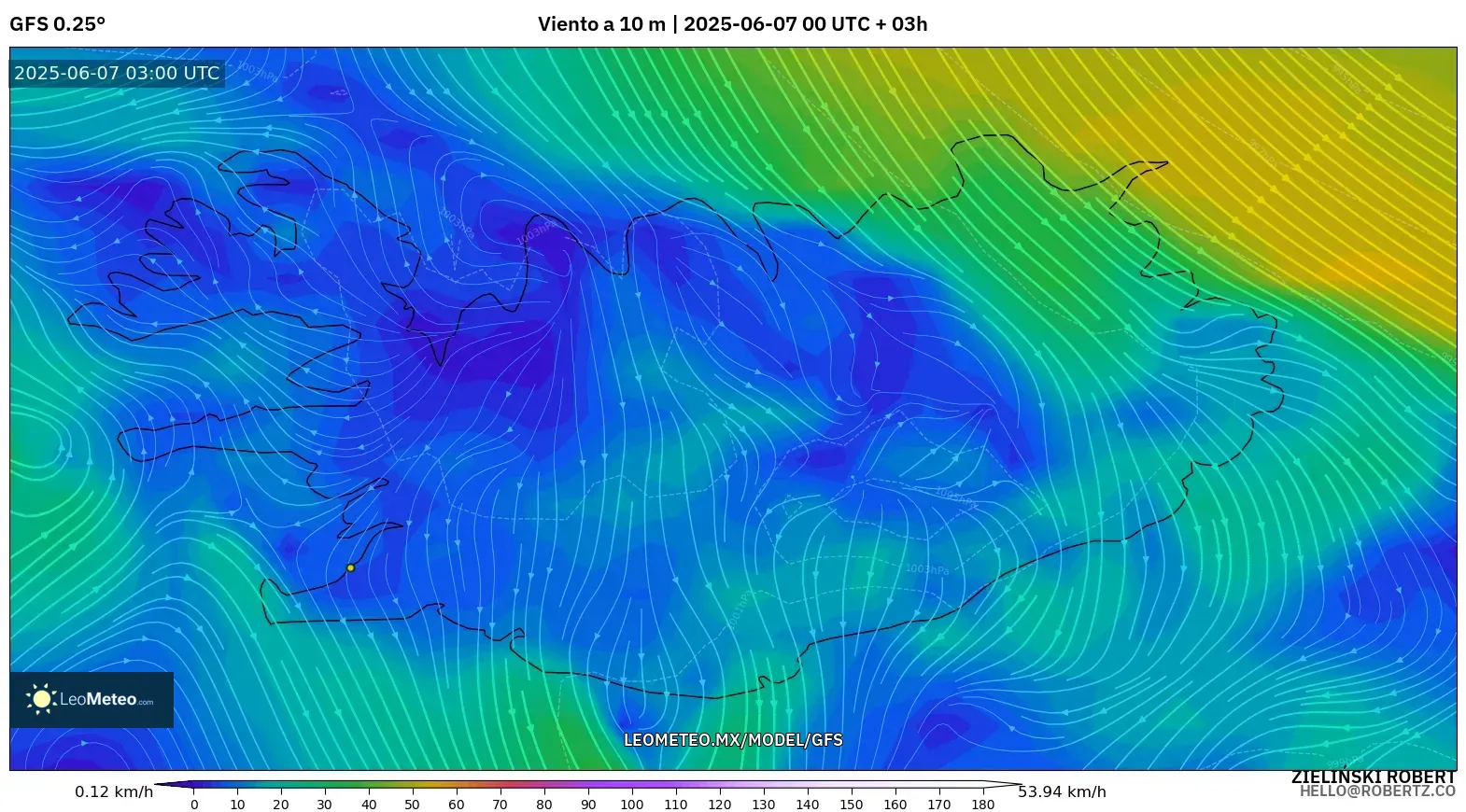 GFS model - Islandia, Viento a 10 m