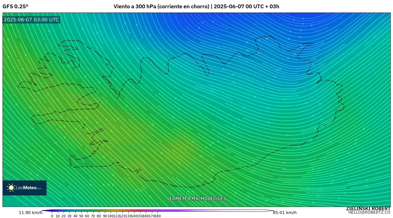 GFS model - Islandia, Viento a 300 hPa (corriente en chorro) GFS model - Islandia, Viento a 300 hPa (corriente en chorro)