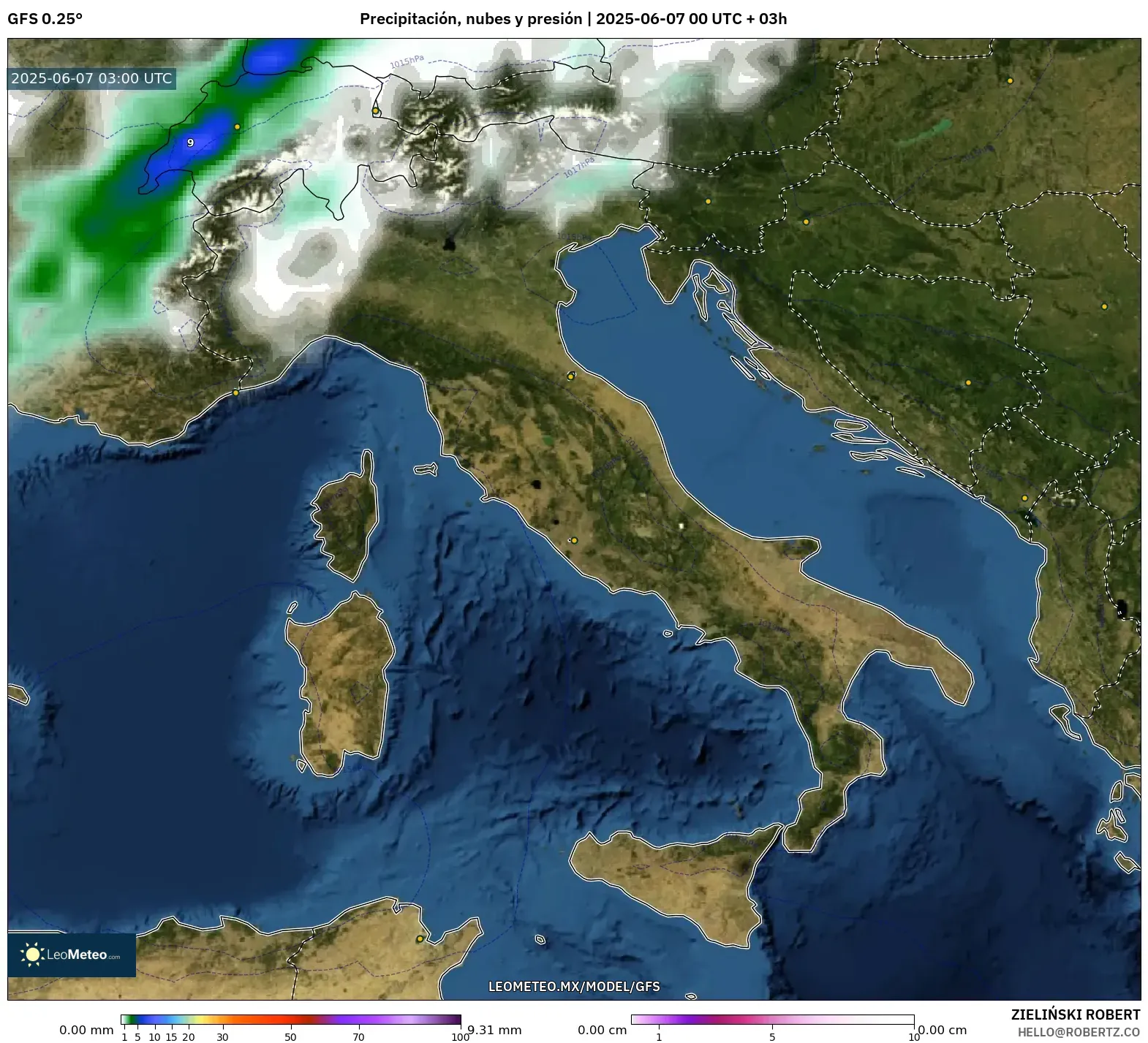 GFS model - Italia, Precipitación, nubes y presión GFS model - Italia, Precipitación, nubes y presión