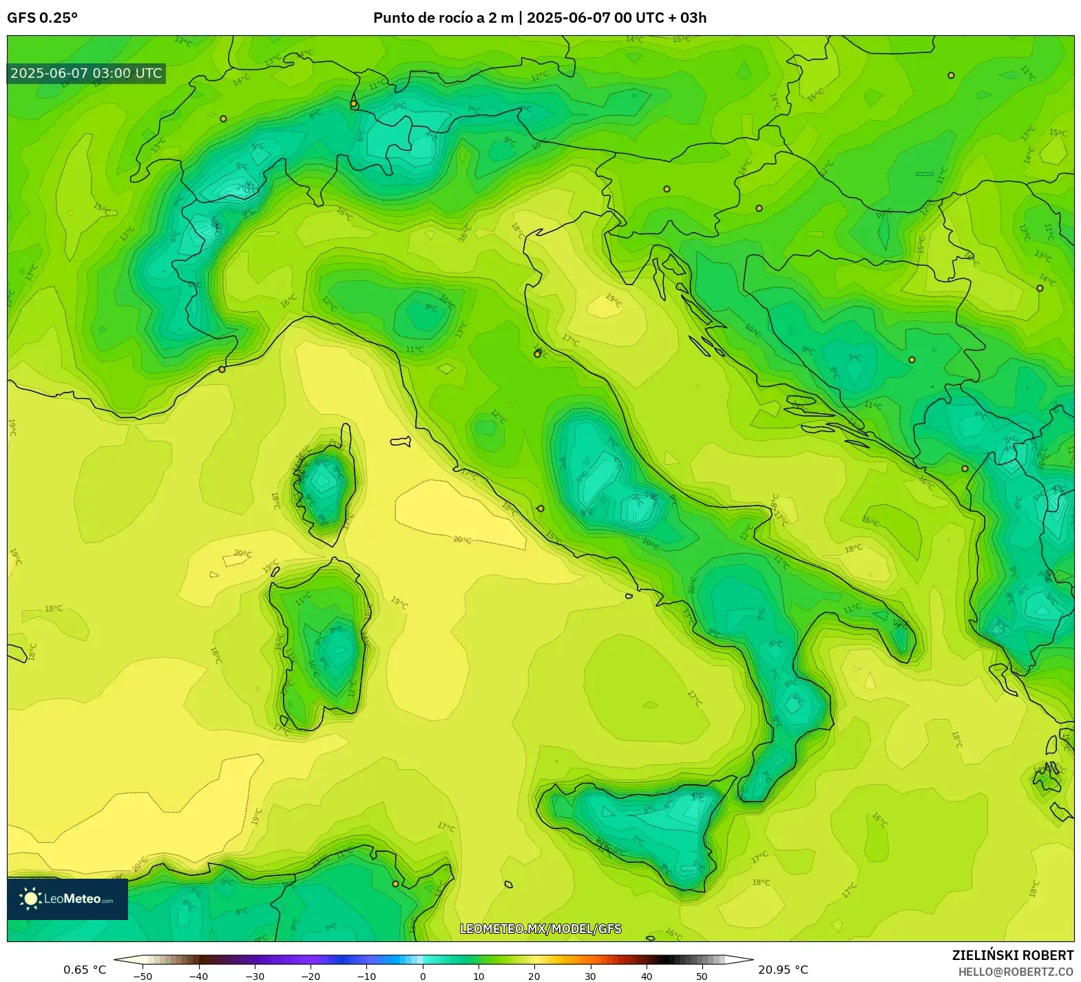 GFS model - Italia, Punto de rocío a 2 m GFS model - Italia, Punto de rocío a 2 m
