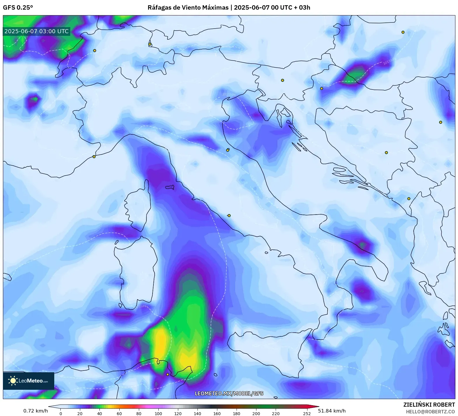 GFS model - Italia, Ráfagas de Viento Máximas GFS model - Italia, Ráfagas de Viento Máximas