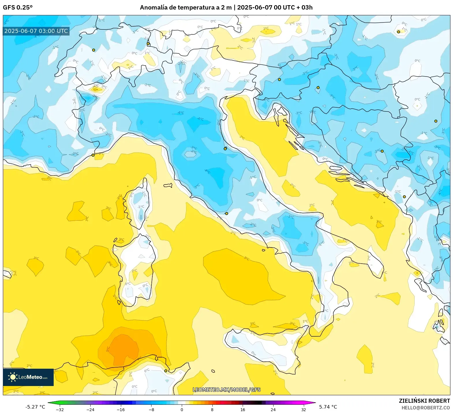 GFS model - Italia, Anomalía de temperatura a 2 m GFS model - Italia, Anomalía de temperatura a 2 m