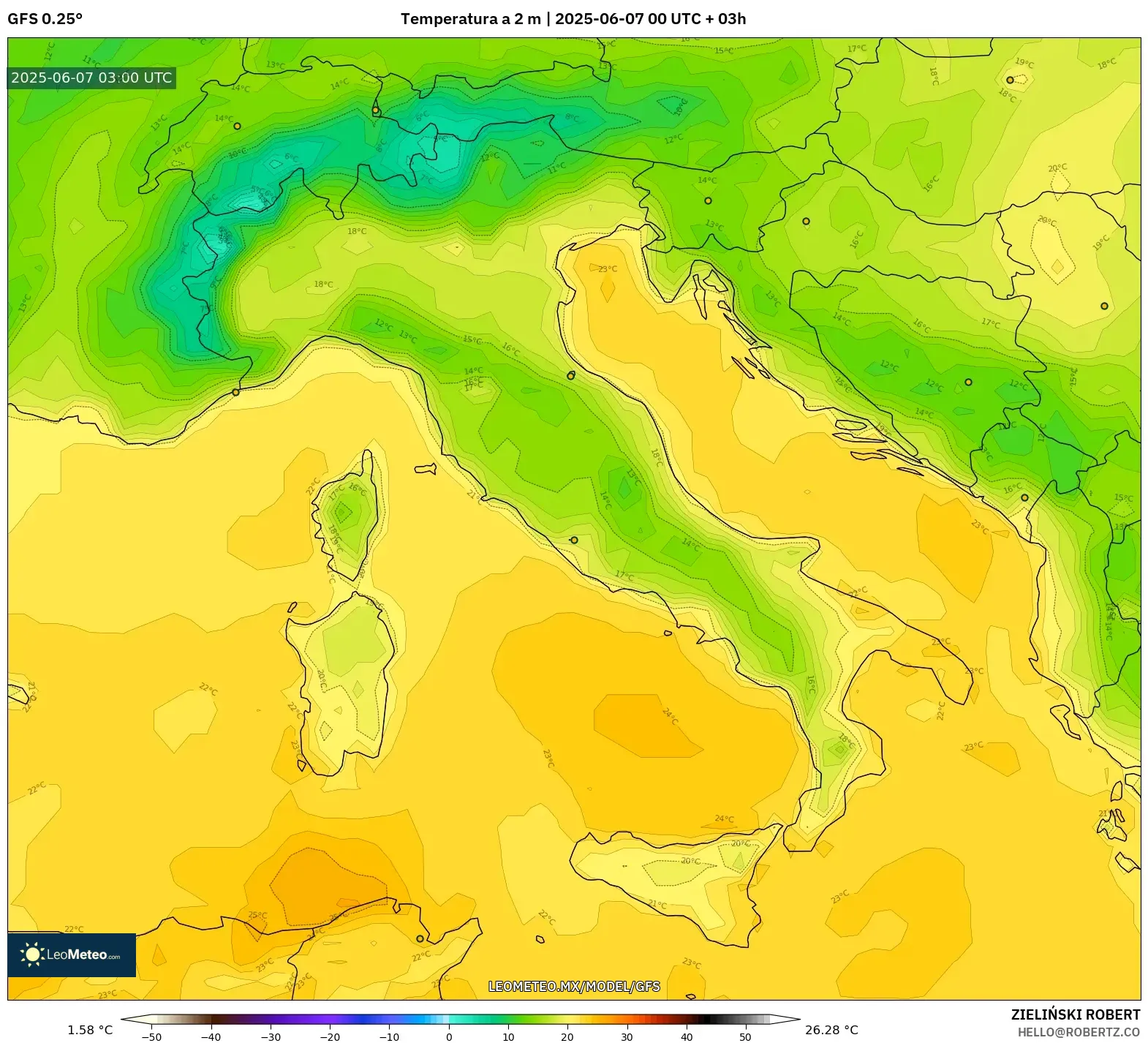 GFS model - Italia, Temperatura a 2 m GFS model - Italia, Temperatura a 2 m