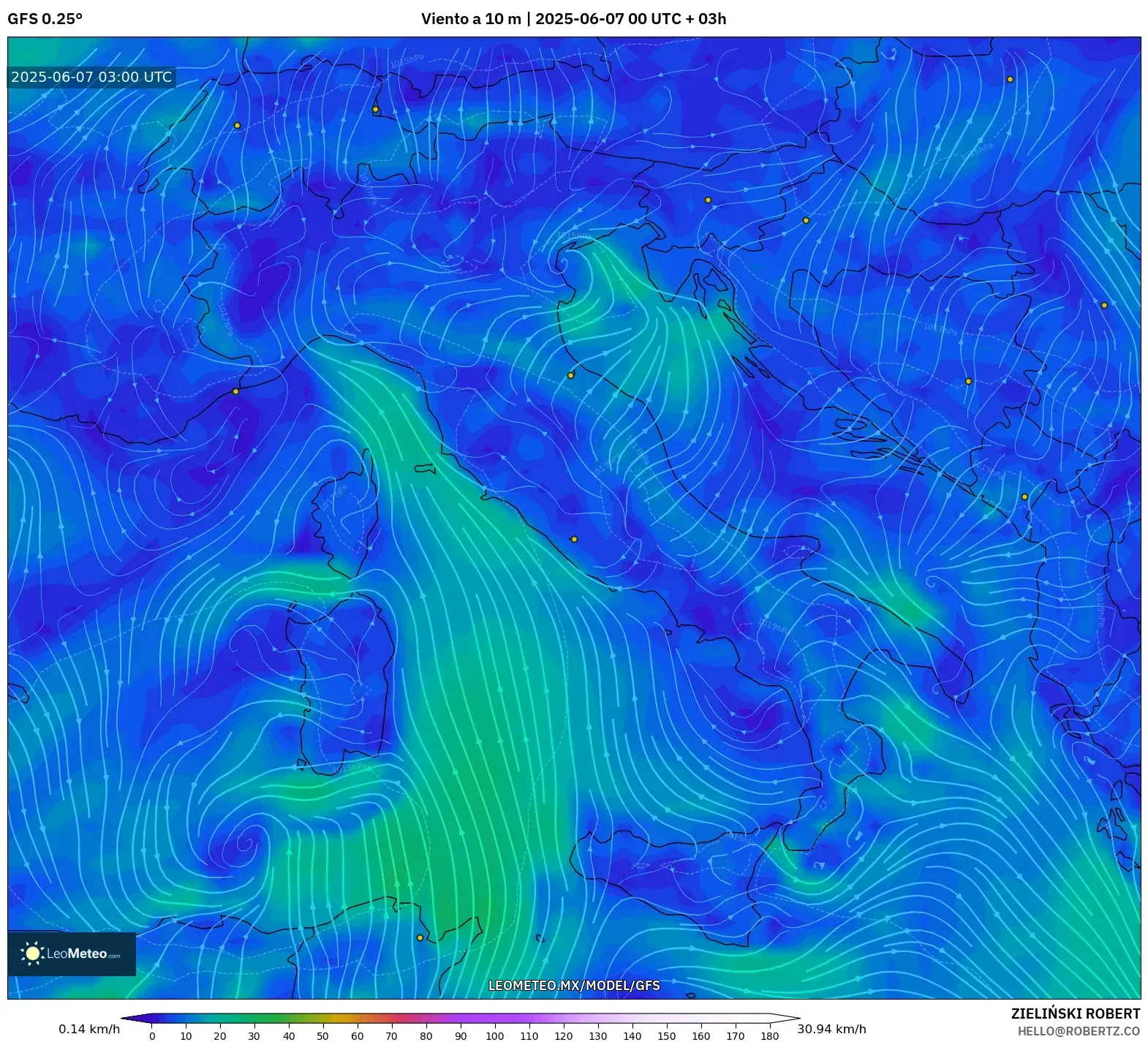 GFS model - Italia, Viento a 10 m GFS model - Italia, Viento a 10 m
