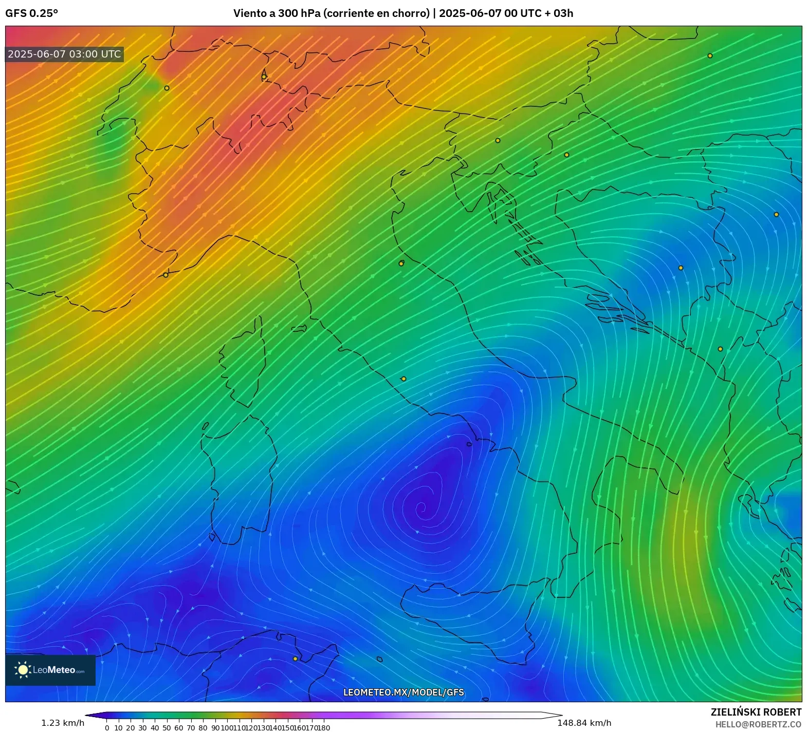 GFS model - Italia, Viento a 300 hPa (corriente en chorro) GFS model - Italia, Viento a 300 hPa (corriente en chorro)