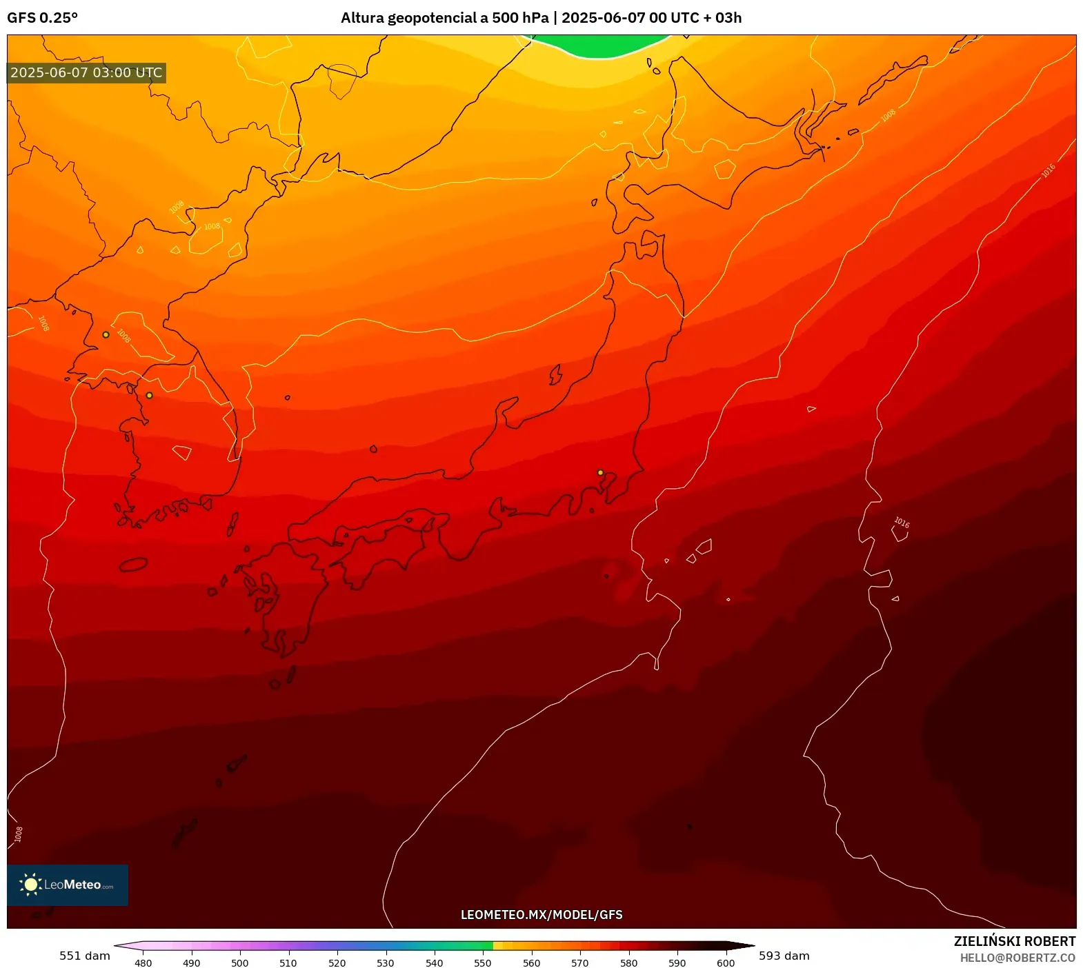 GFS model - Japón, Altura geopotencial a 500 hPa GFS model - Japón, Altura geopotencial a 500 hPa