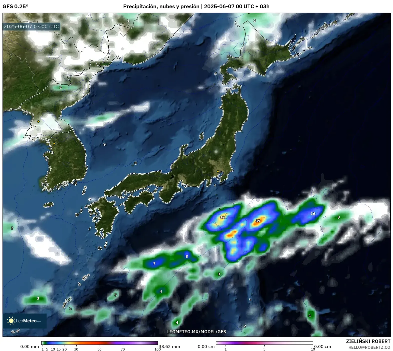 GFS model - Japón, Precipitación, nubes y presión