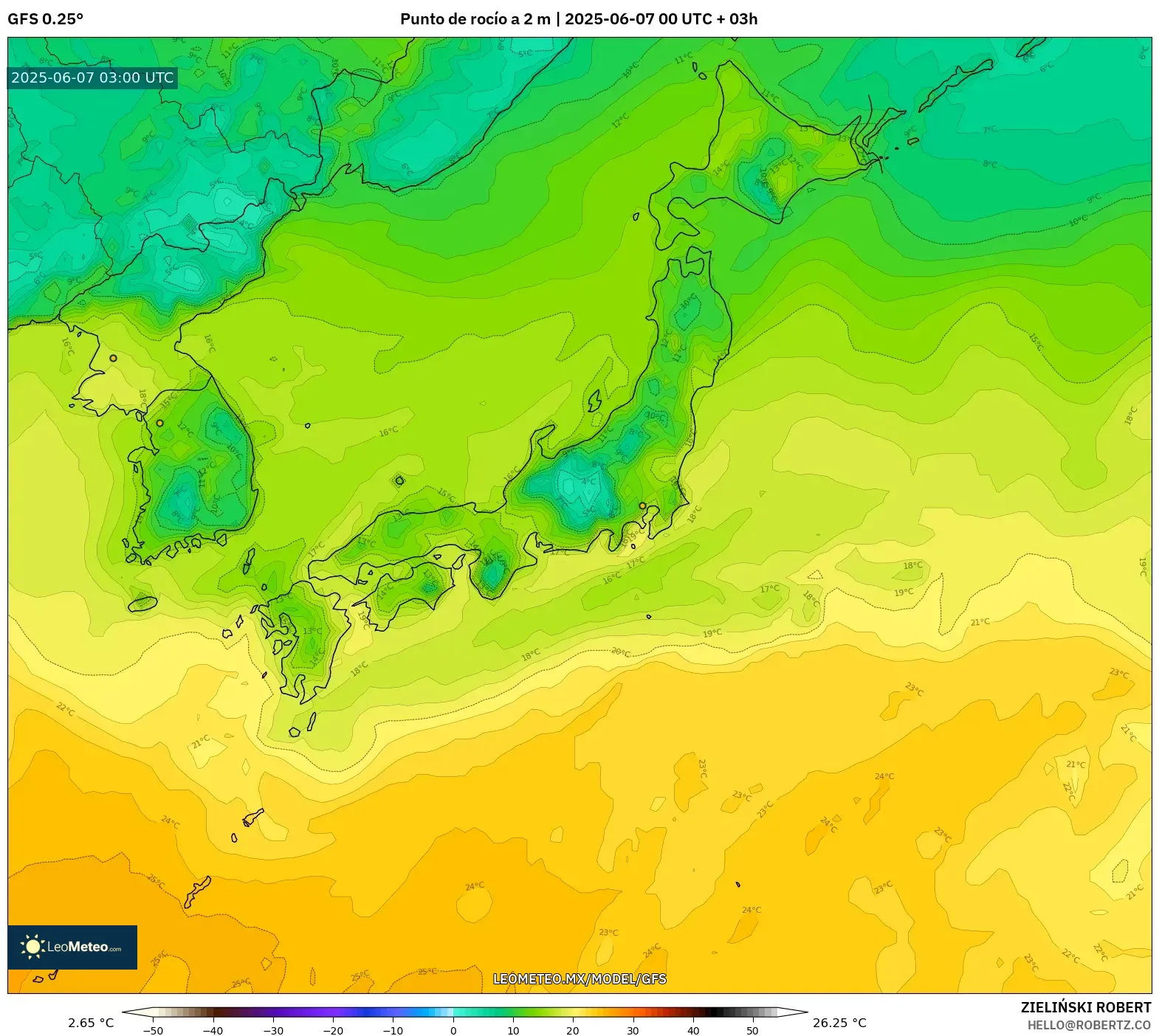 GFS model - Japón, Punto de rocío a 2 m GFS model - Japón, Punto de rocío a 2 m