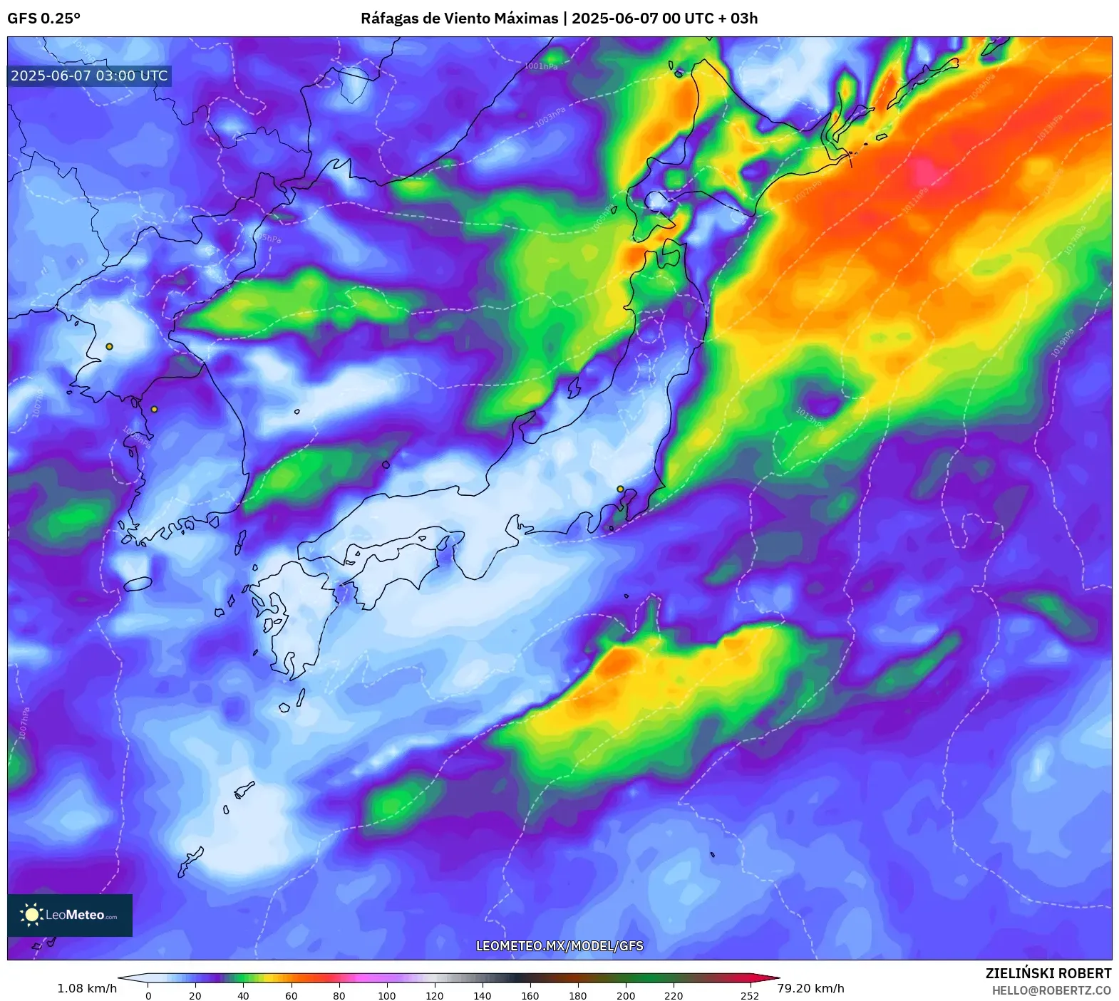 GFS model - Japón, Ráfagas de Viento Máximas GFS model - Japón, Ráfagas de Viento Máximas