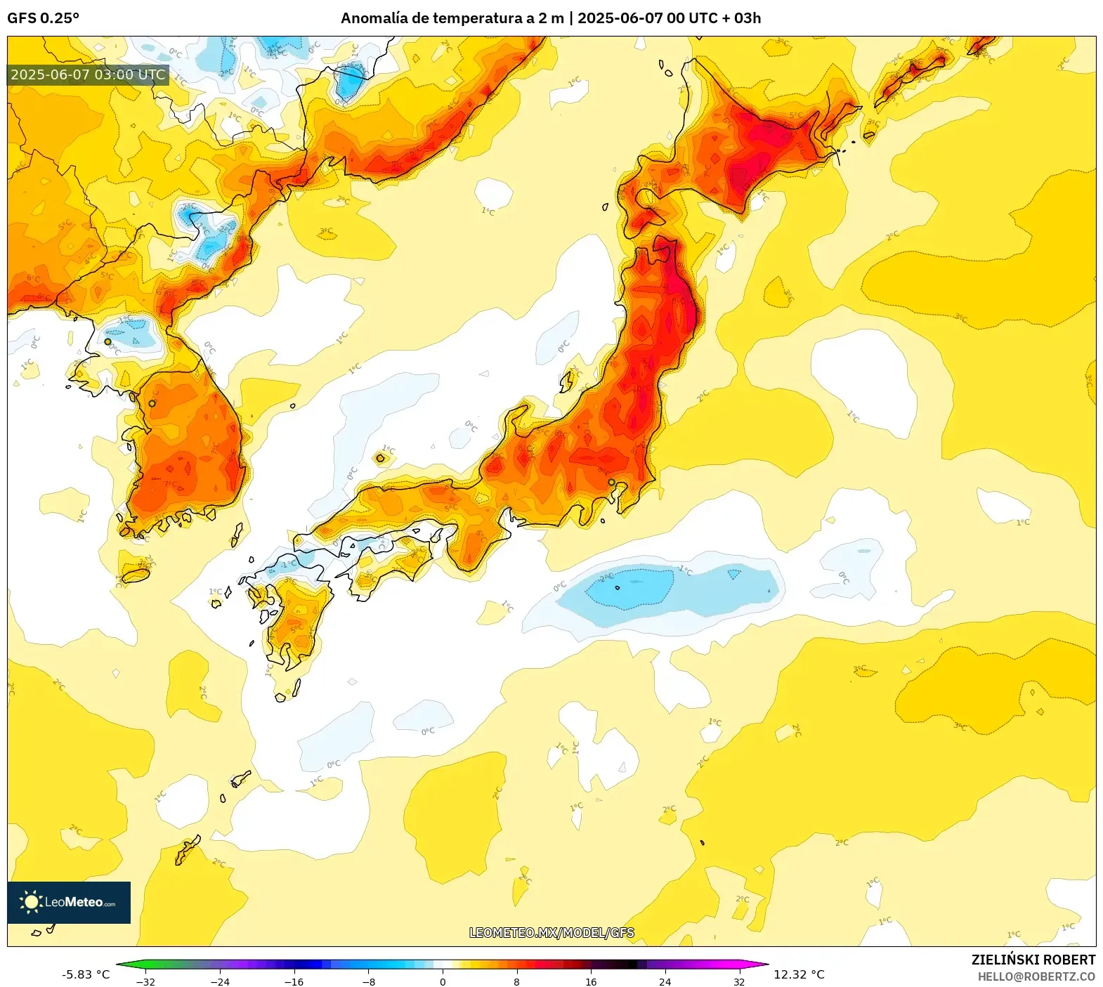 GFS model - Japón, Anomalía de temperatura a 2 m GFS model - Japón, Anomalía de temperatura a 2 m