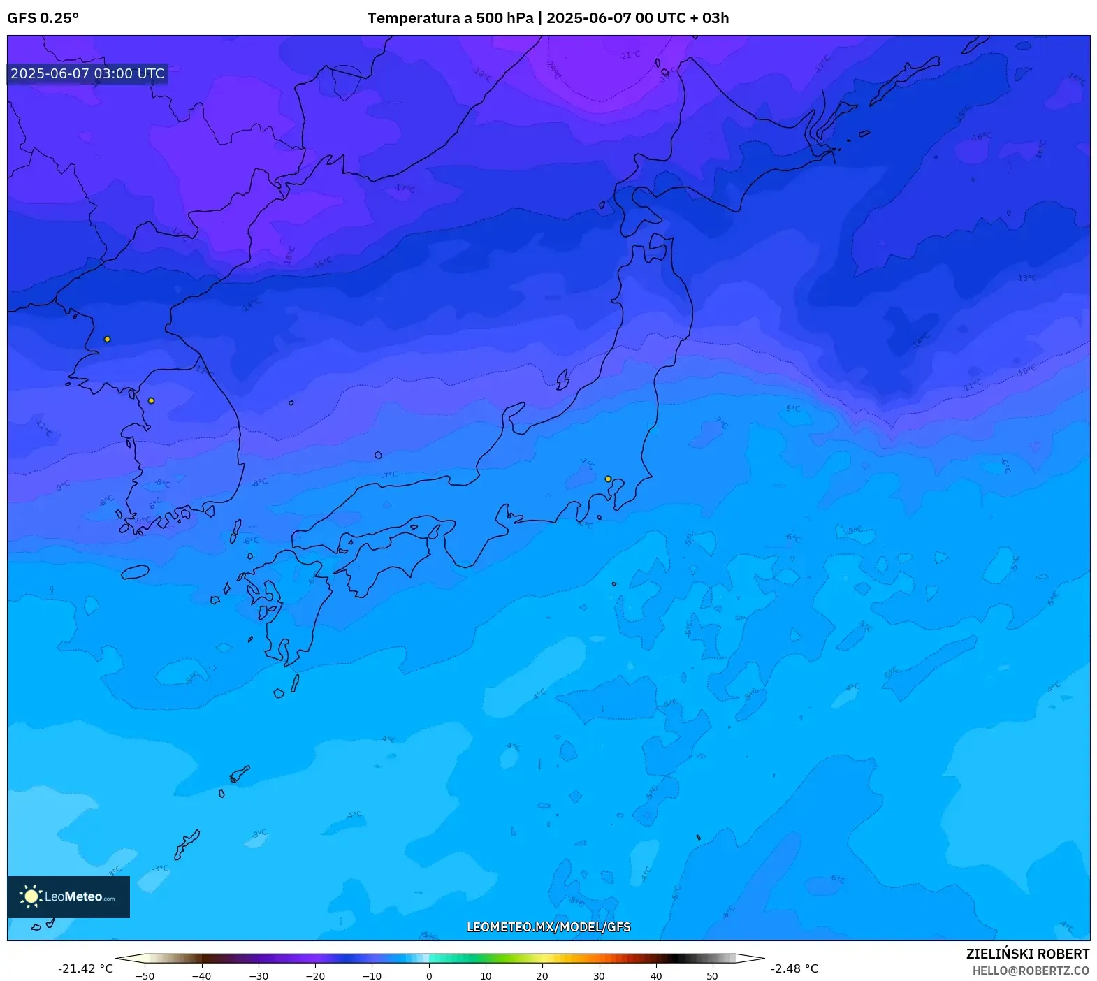 GFS model - Japón, Temperatura a 500 hPa GFS model - Japón, Temperatura a 500 hPa