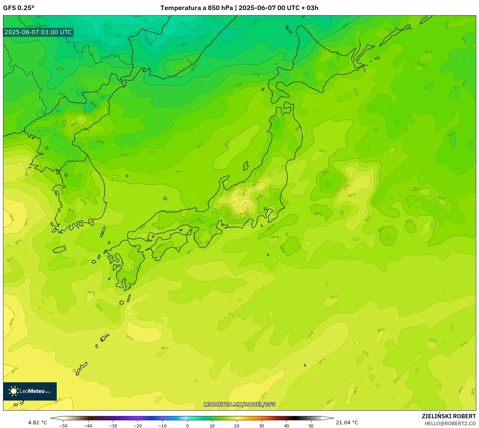 GFS model - Japón, Temperatura a 850 hPa GFS model - Japón, Temperatura a 850 hPa