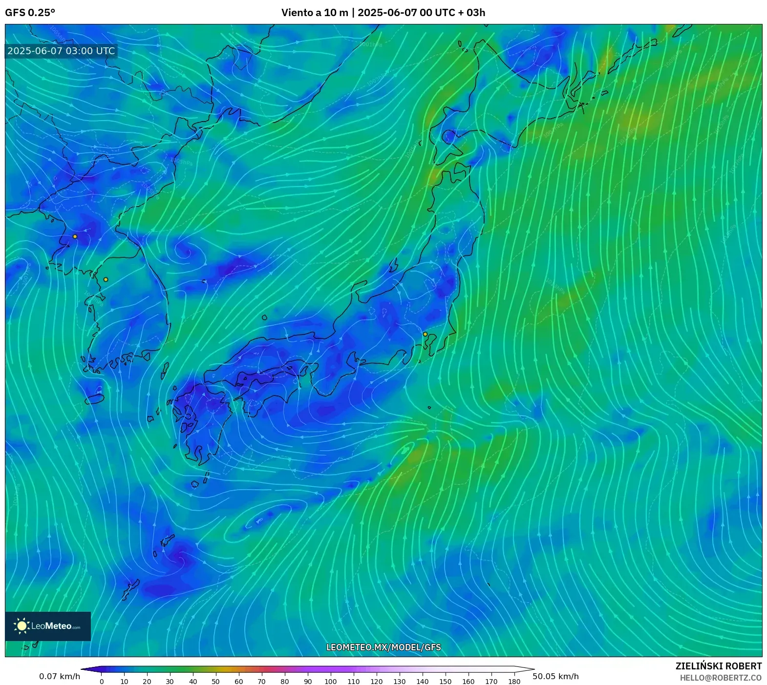 GFS model - Japón, Viento a 10 m