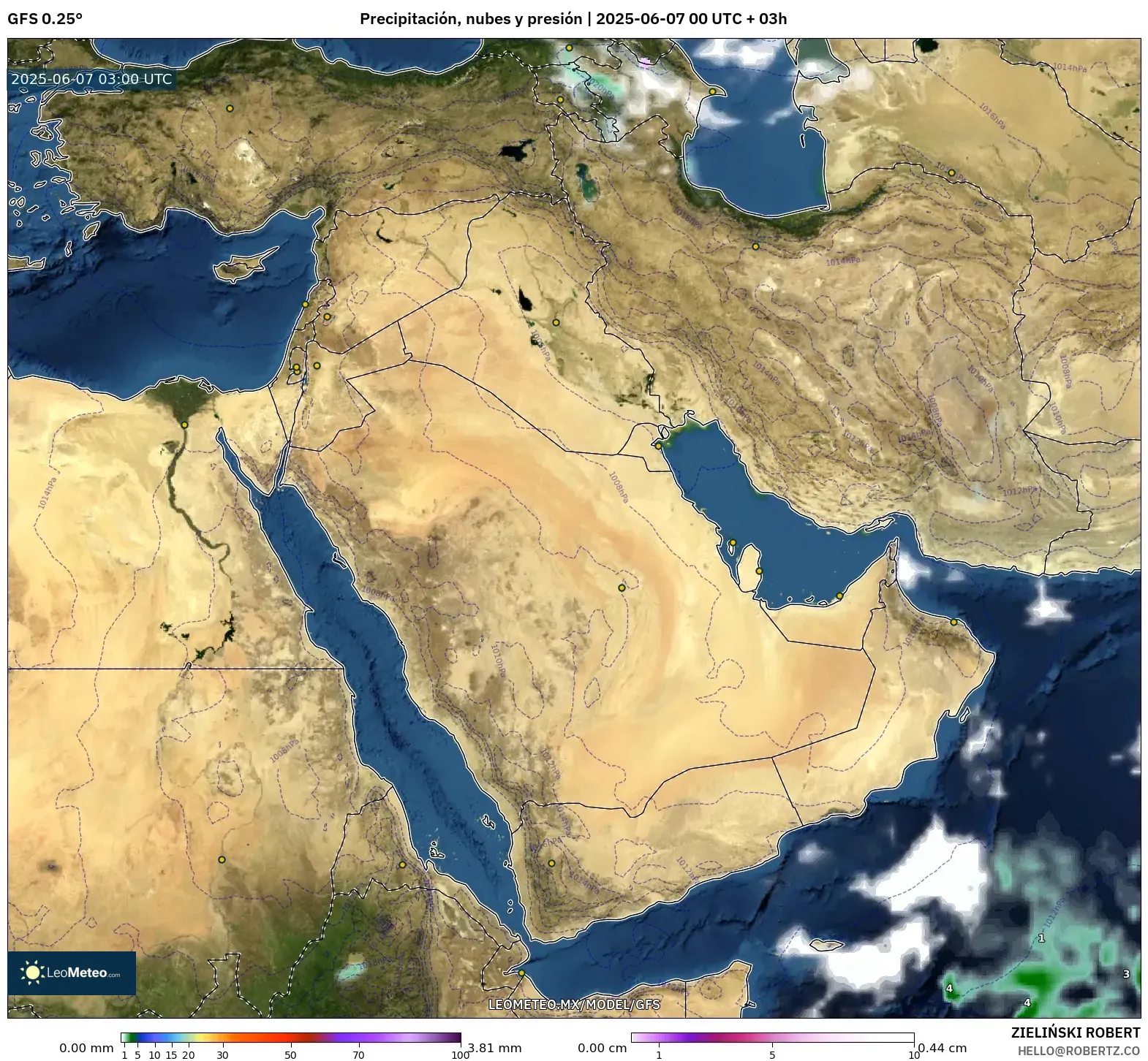 GFS model - Oriente Medio, Precipitación, nubes y presión GFS model - Oriente Medio, Precipitación, nubes y presión