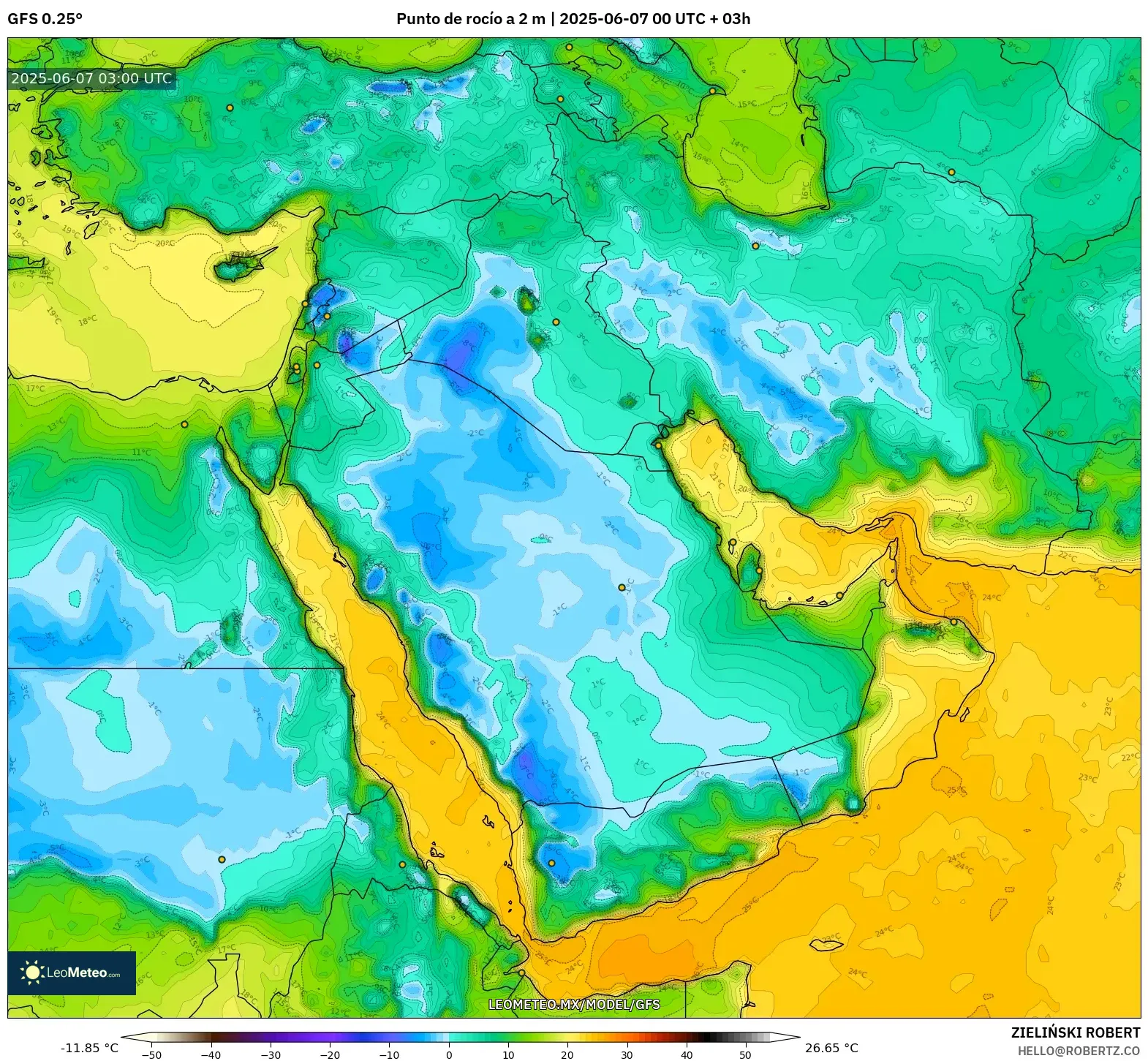 GFS model - Oriente Medio, Punto de rocío a 2 m GFS model - Oriente Medio, Punto de rocío a 2 m