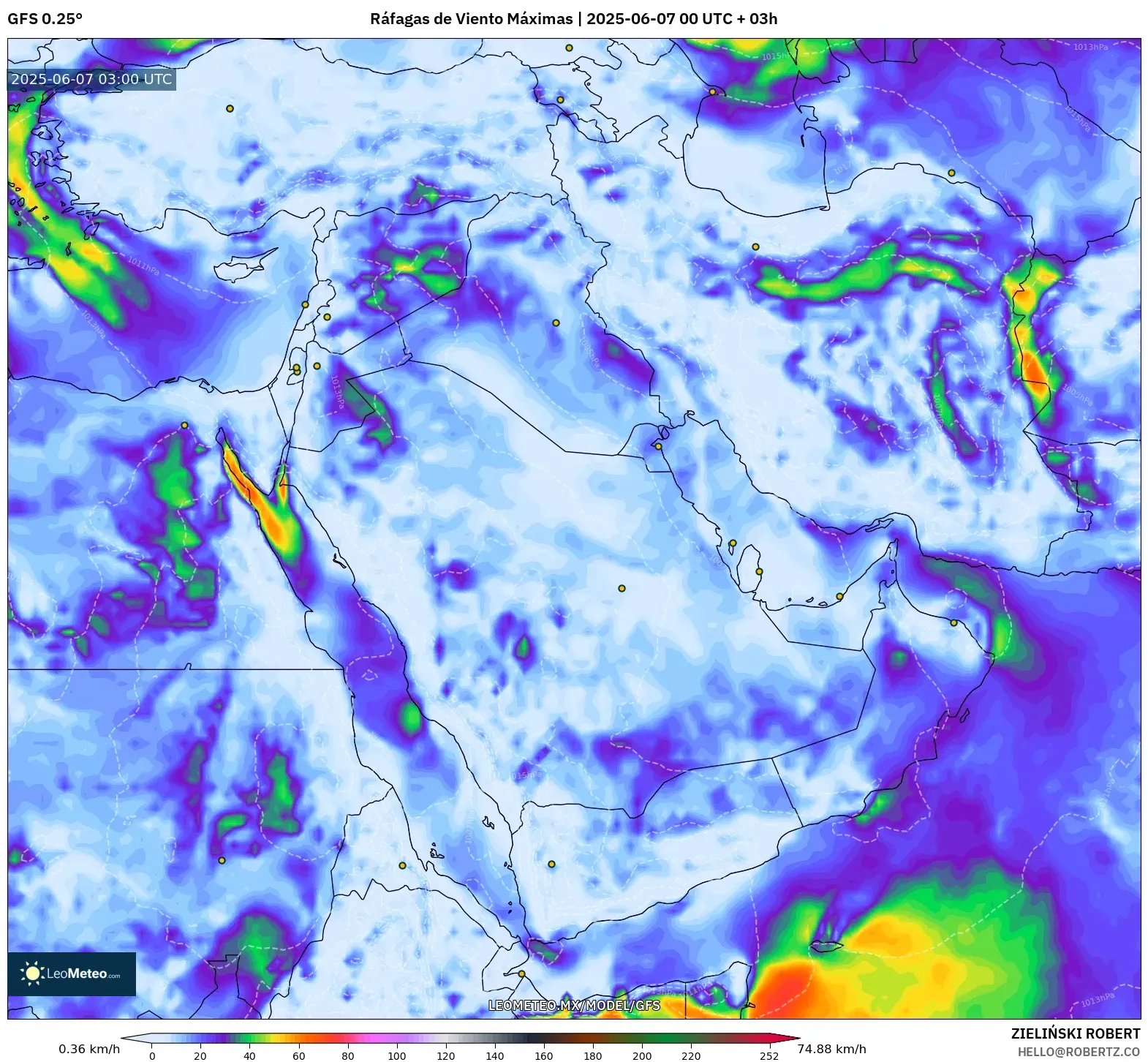 GFS model - Oriente Medio, Ráfagas de Viento Máximas GFS model - Oriente Medio, Ráfagas de Viento Máximas