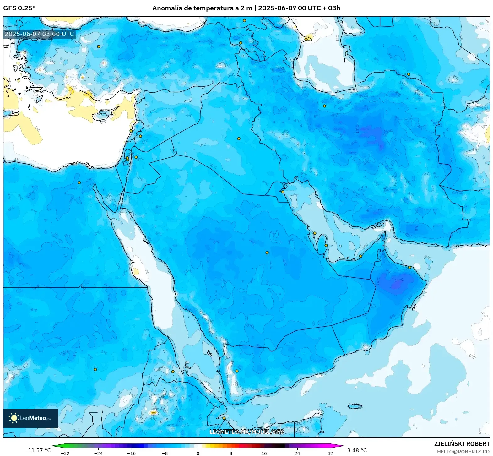 GFS model - Oriente Medio, Anomalía de temperatura a 2 m GFS model - Oriente Medio, Anomalía de temperatura a 2 m