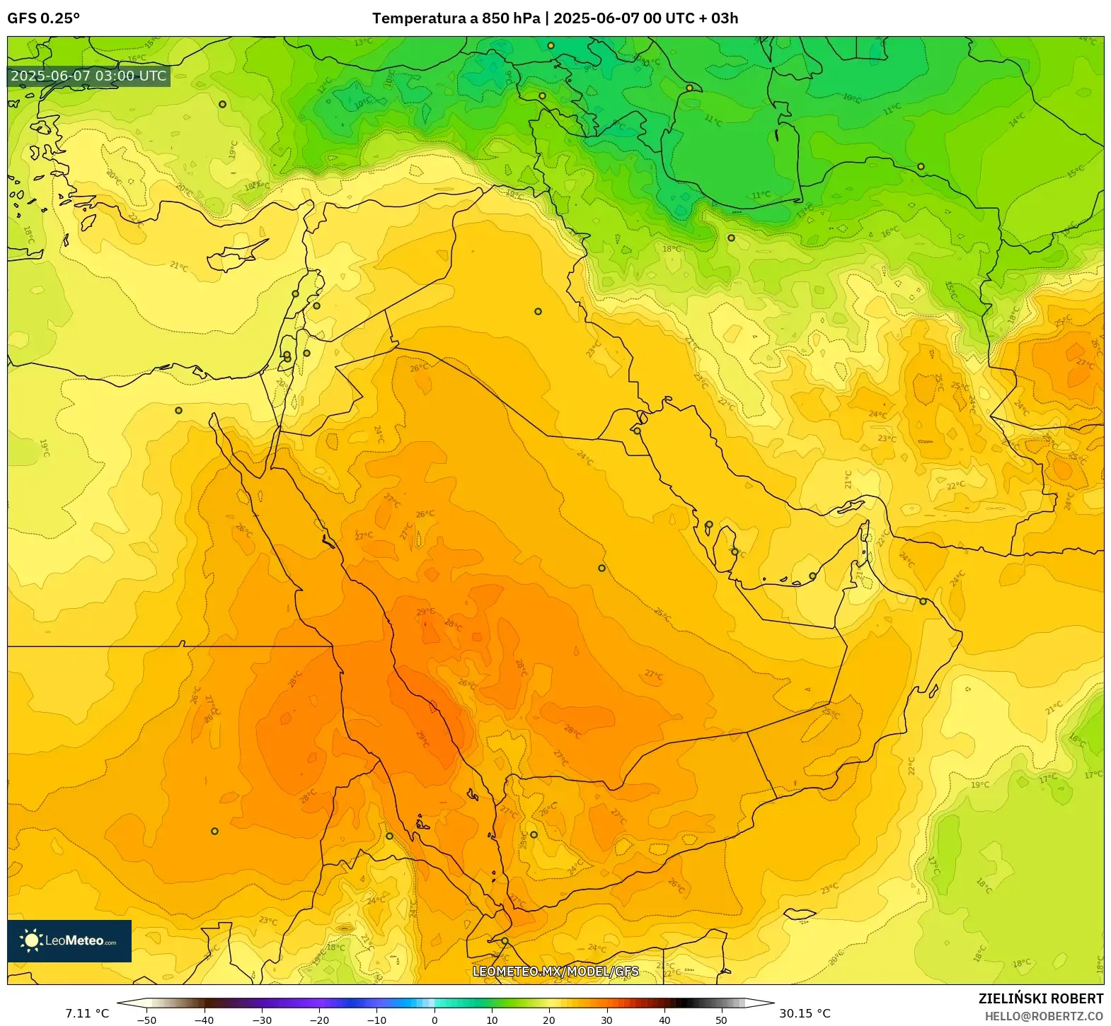 GFS model - Oriente Medio, Temperatura a 850 hPa GFS model - Oriente Medio, Temperatura a 850 hPa