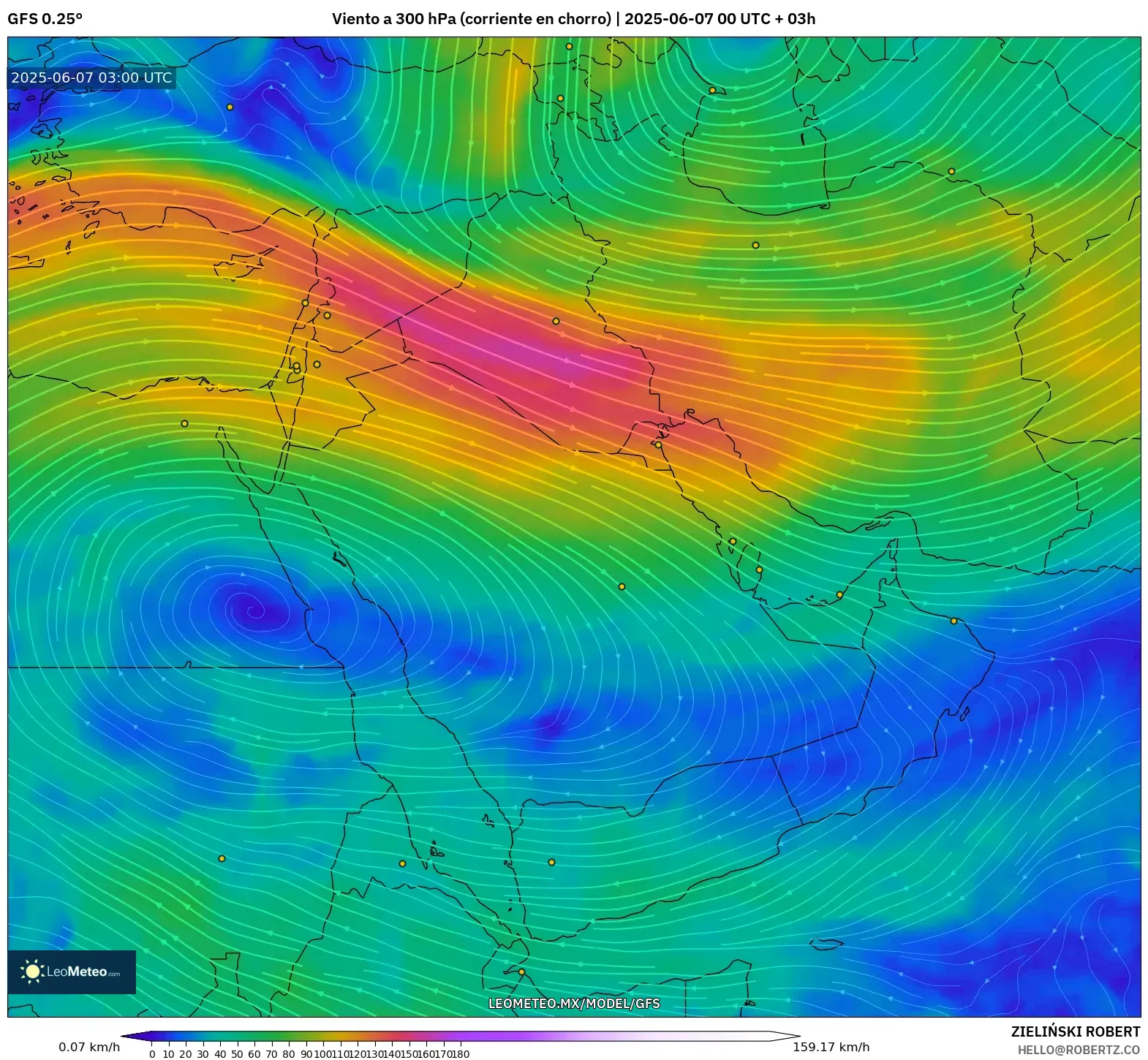 GFS model - Oriente Medio, Viento a 300 hPa (corriente en chorro) GFS model - Oriente Medio, Viento a 300 hPa (corriente en chorro)