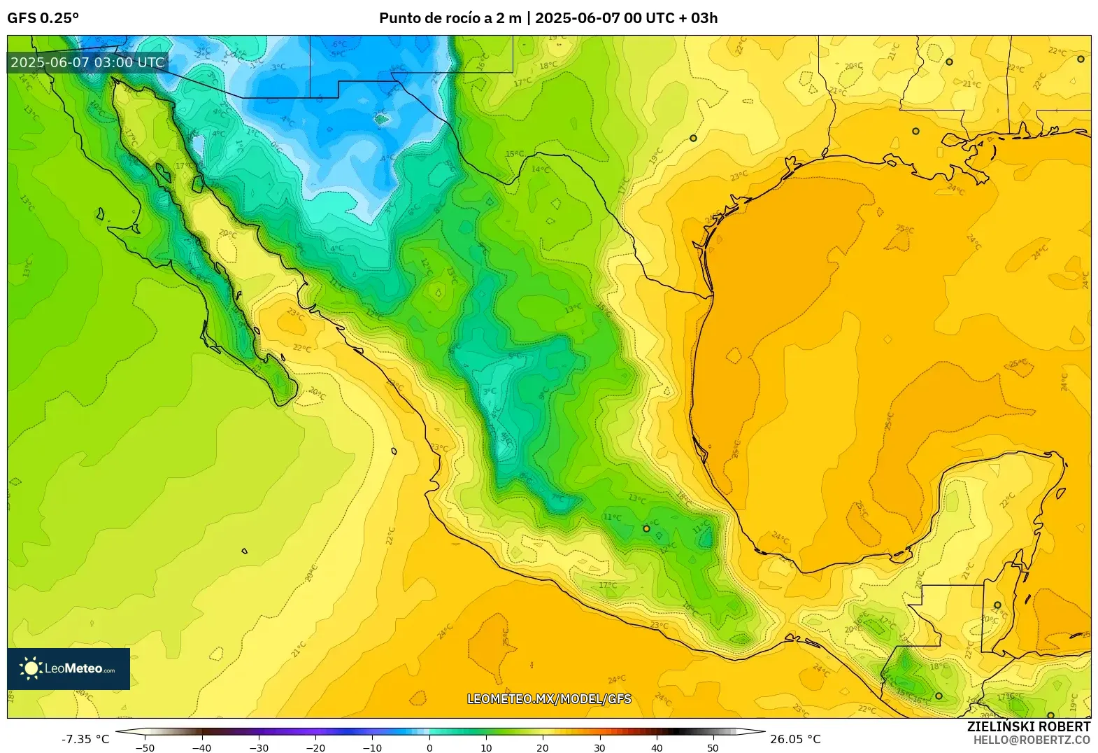 GFS model - México, Punto de rocío a 2 m GFS model - México, Punto de rocío a 2 m