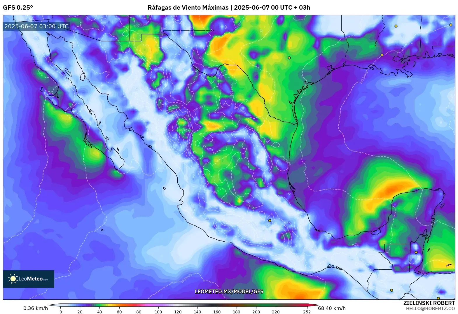 GFS model - México, Ráfagas de Viento Máximas GFS model - México, Ráfagas de Viento Máximas