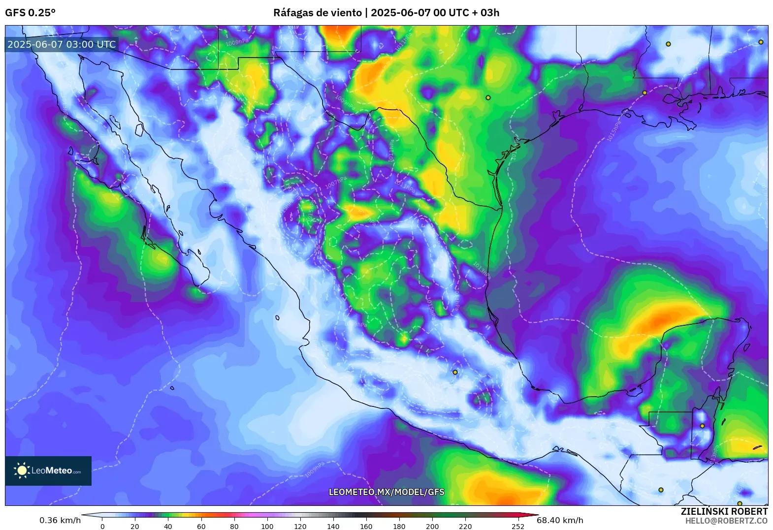 GFS model - México, Ráfagas de viento