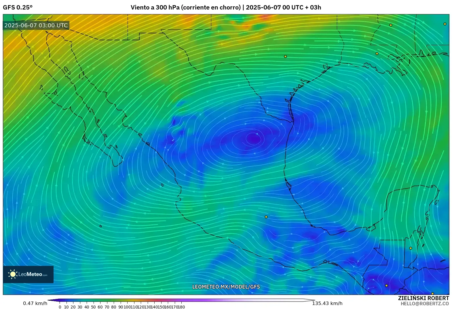 GFS model - México, Viento a 300 hPa (corriente en chorro) GFS model - México, Viento a 300 hPa (corriente en chorro)