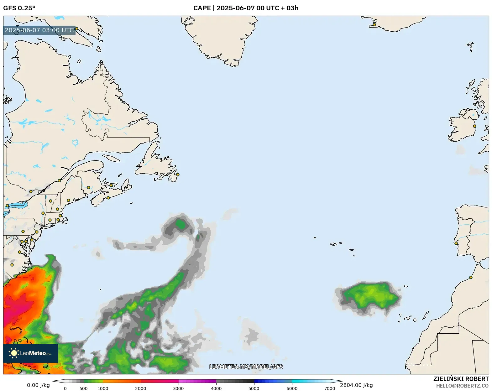 GFS model - Norte Atlántico, CAPE