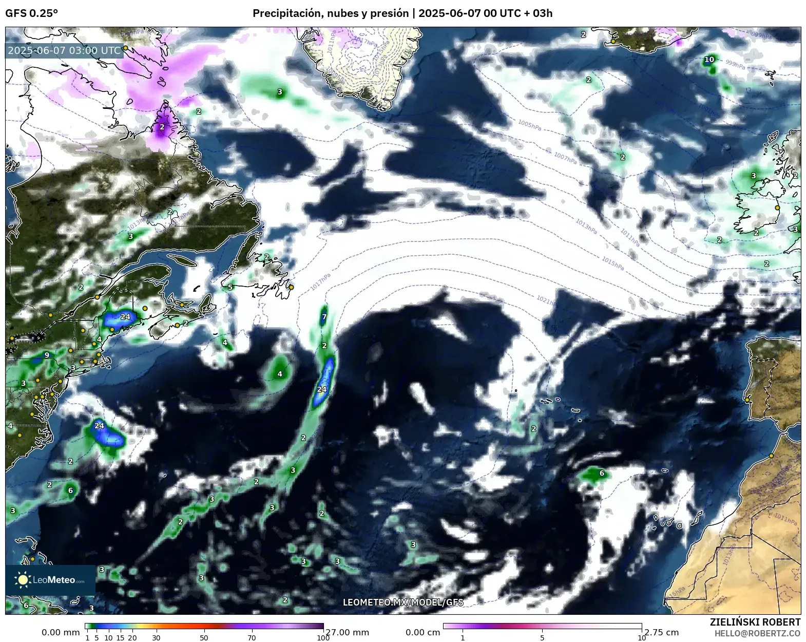 GFS model - Norte Atlántico, Precipitación, nubes y presión