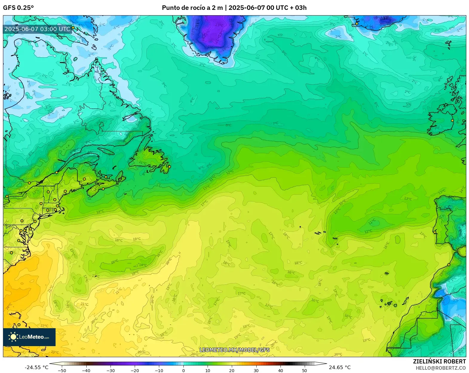 GFS model - Norte Atlántico, Punto de rocío a 2 m GFS model - Norte Atlántico, Punto de rocío a 2 m