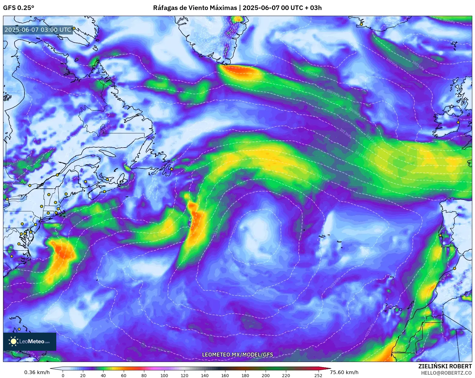 GFS model - Norte Atlántico, Ráfagas de Viento Máximas GFS model - Norte Atlántico, Ráfagas de Viento Máximas