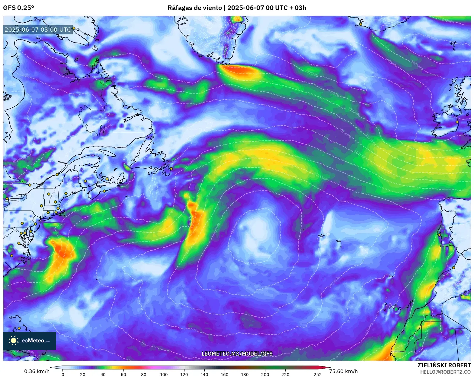 GFS model - Norte Atlántico, Ráfagas de viento GFS model - Norte Atlántico, Ráfagas de viento