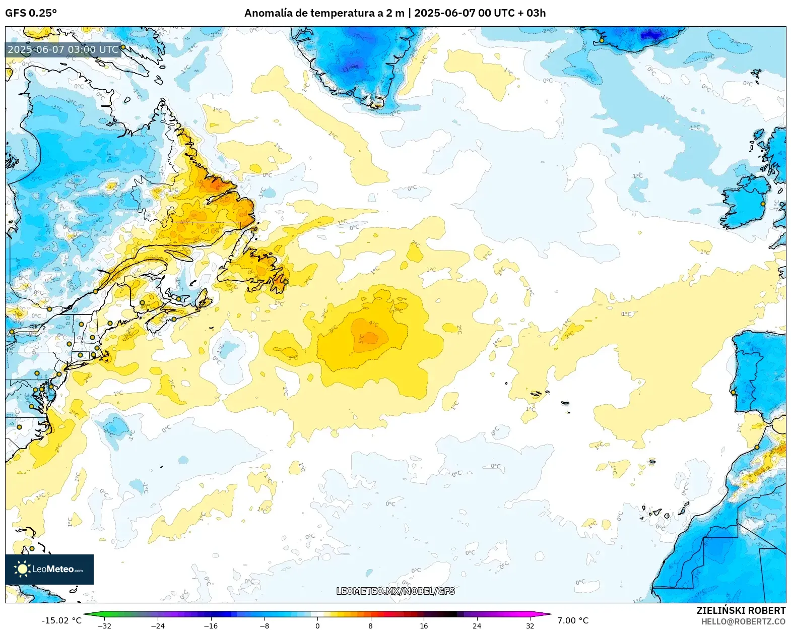 GFS model - Norte Atlántico, Anomalía de temperatura a 2 m