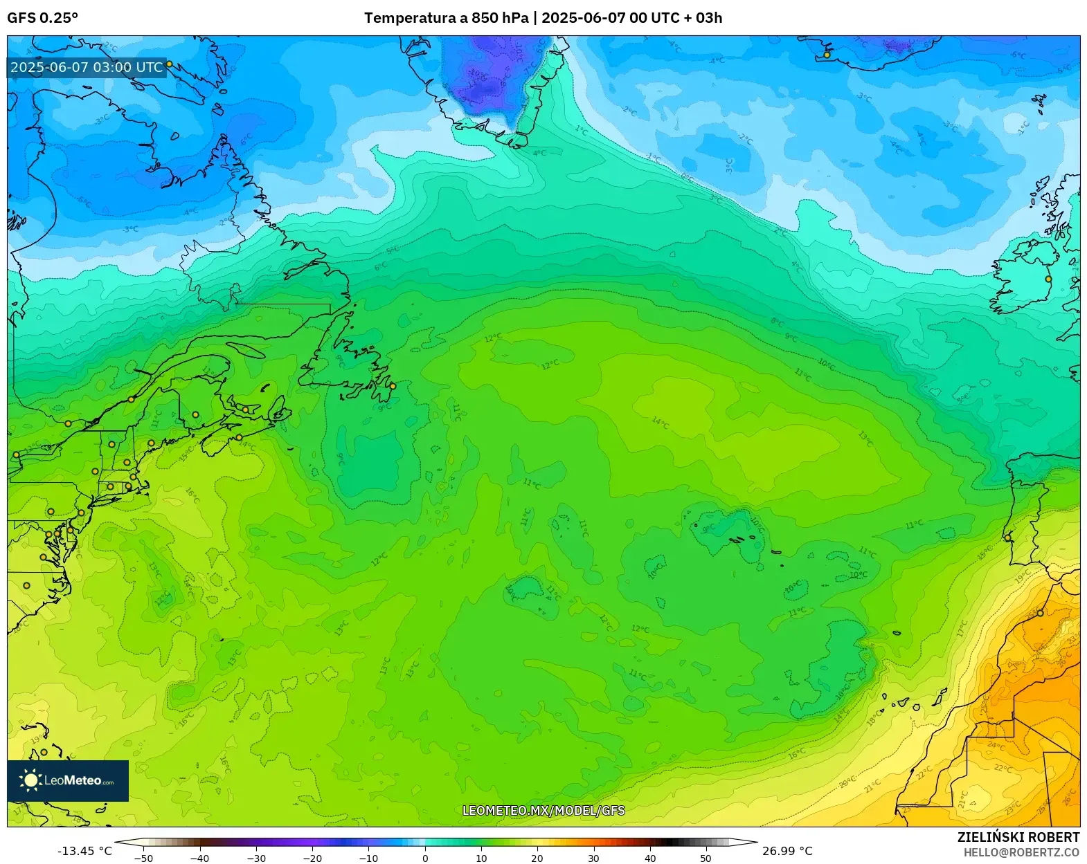 GFS model - Norte Atlántico, Temperatura a 850 hPa GFS model - Norte Atlántico, Temperatura a 850 hPa