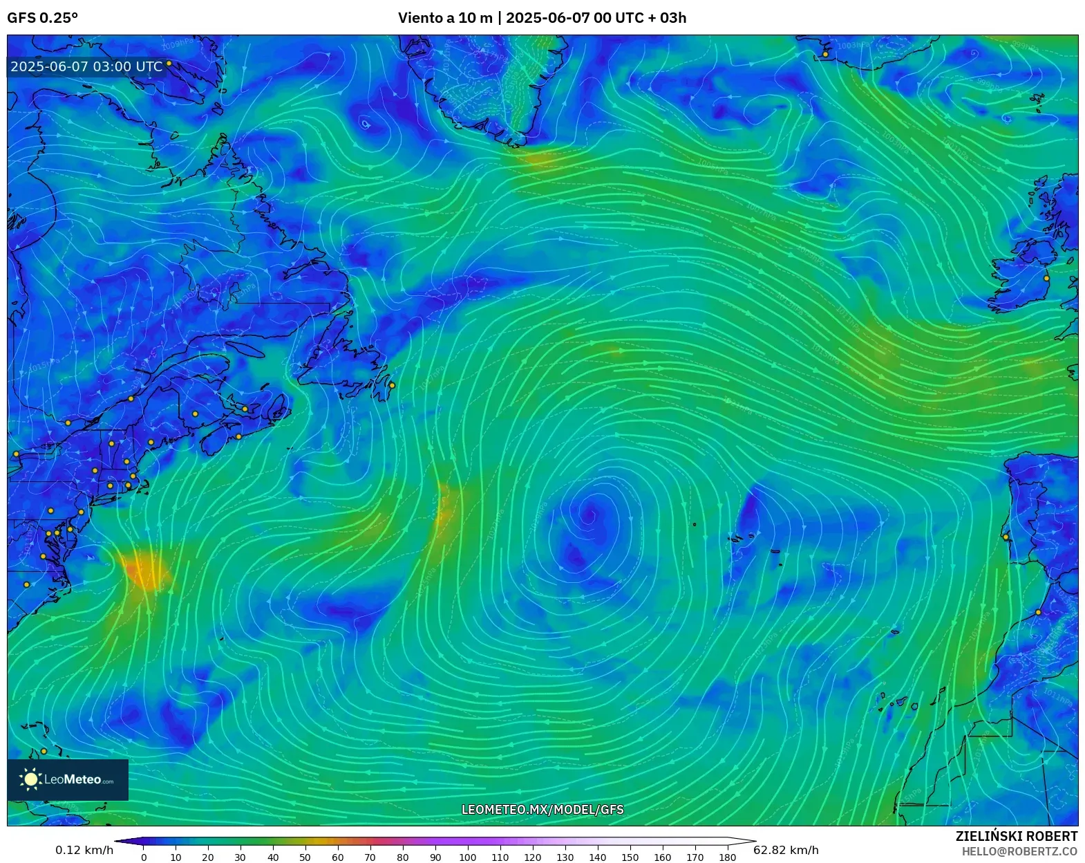 GFS model - Norte Atlántico, Viento a 10 m GFS model - Norte Atlántico, Viento a 10 m