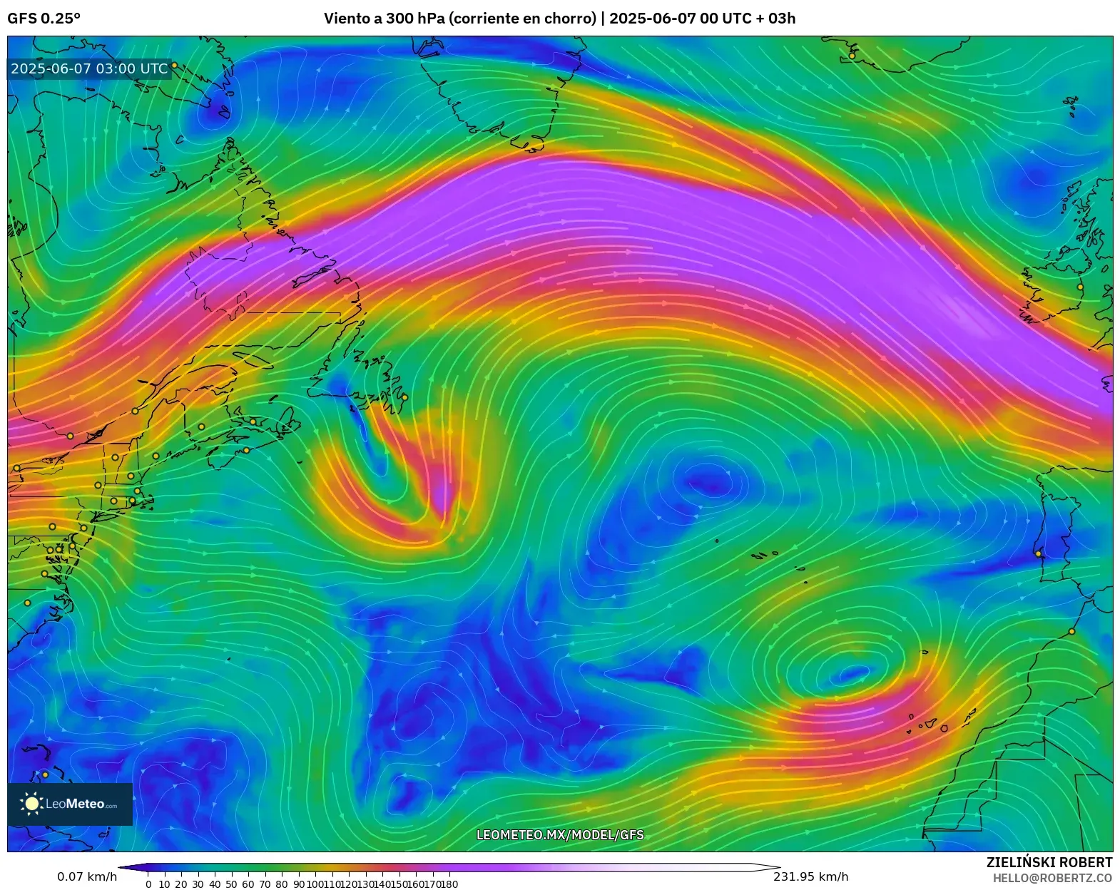 GFS model - Norte Atlántico, Viento a 300 hPa (corriente en chorro) GFS model - Norte Atlántico, Viento a 300 hPa (corriente en chorro)