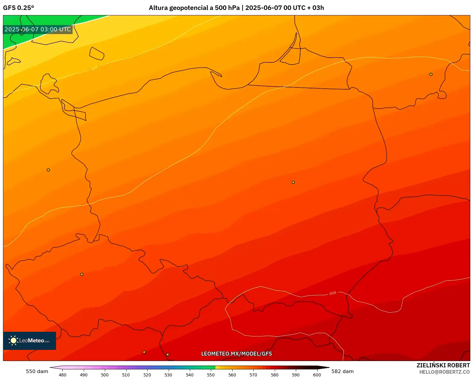 GFS model - Polonia, Altura geopotencial a 500 hPa GFS model - Polonia, Altura geopotencial a 500 hPa