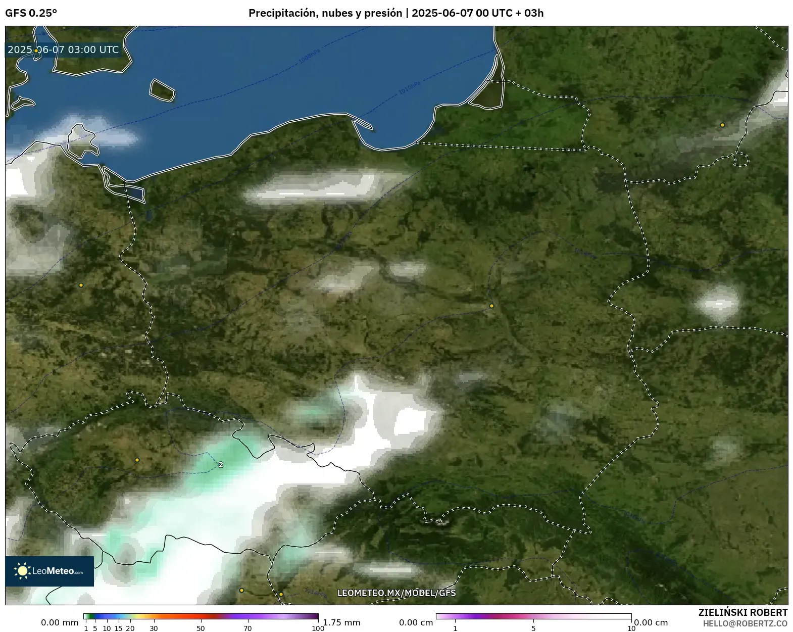 GFS model - Polonia, Precipitación, nubes y presión GFS model - Polonia, Precipitación, nubes y presión
